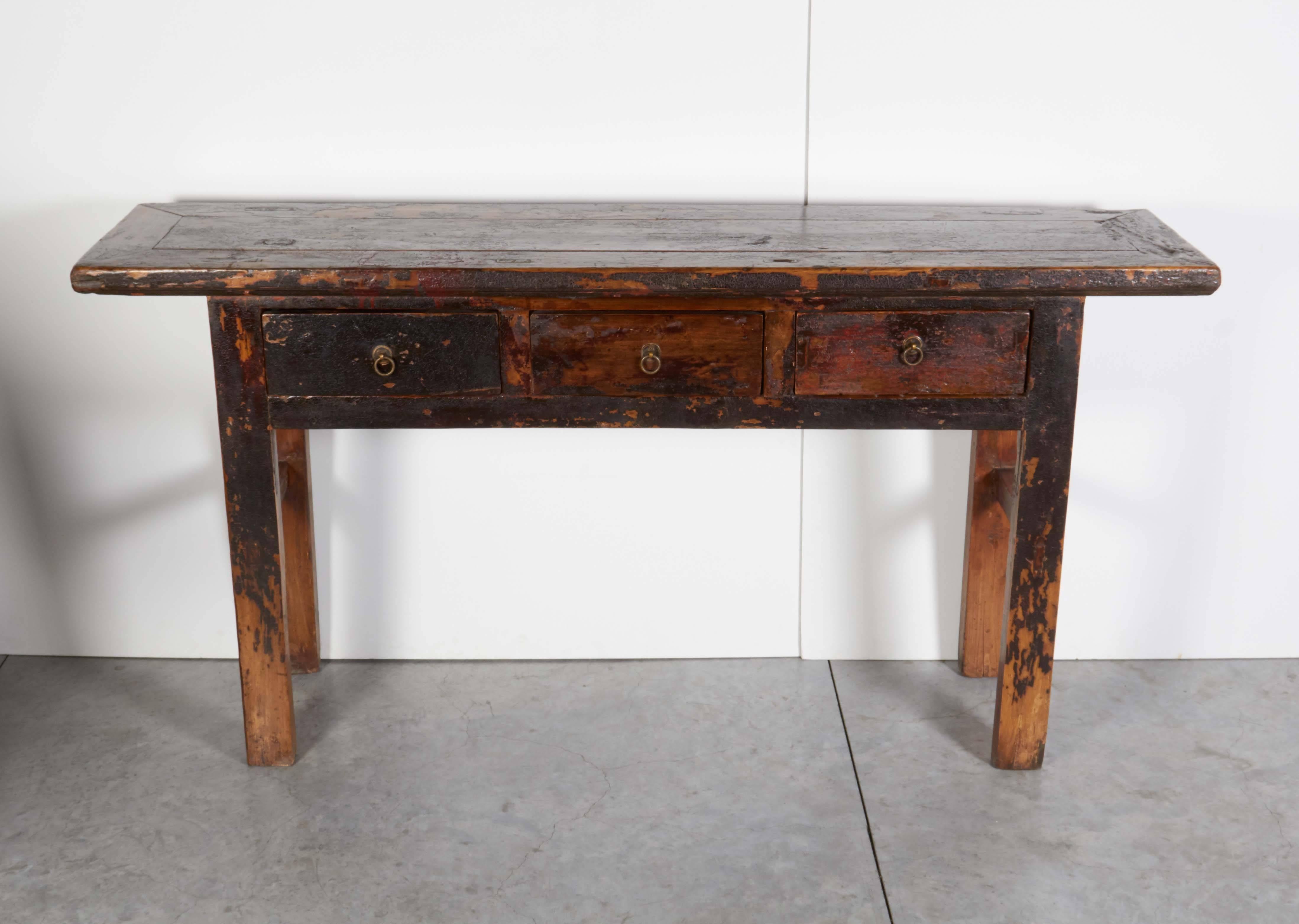 Chinese Beautifully Worn Three-Drawer Console with Traces of Old Lacquer