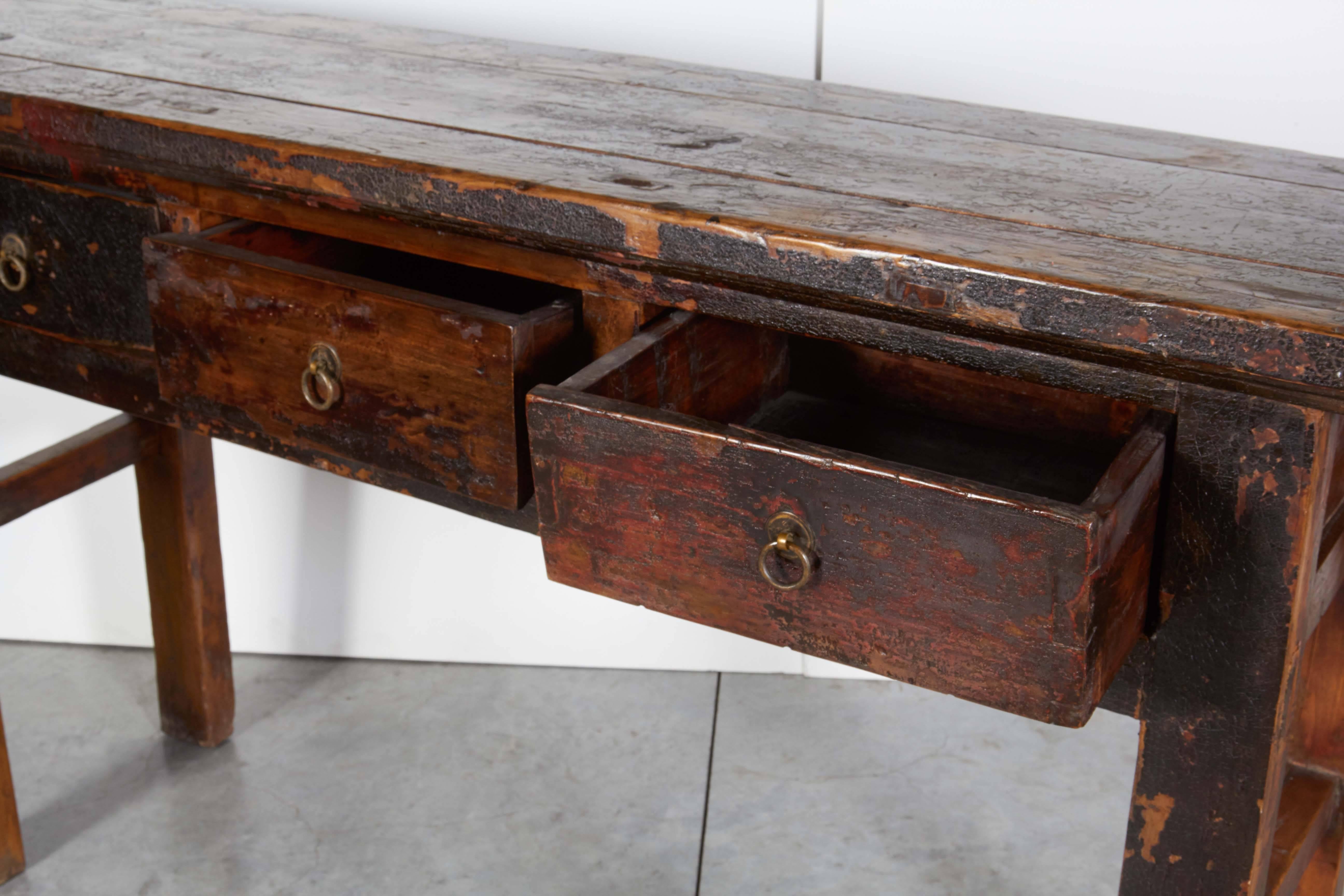 20th Century Beautifully Worn Three-Drawer Console with Traces of Old Lacquer