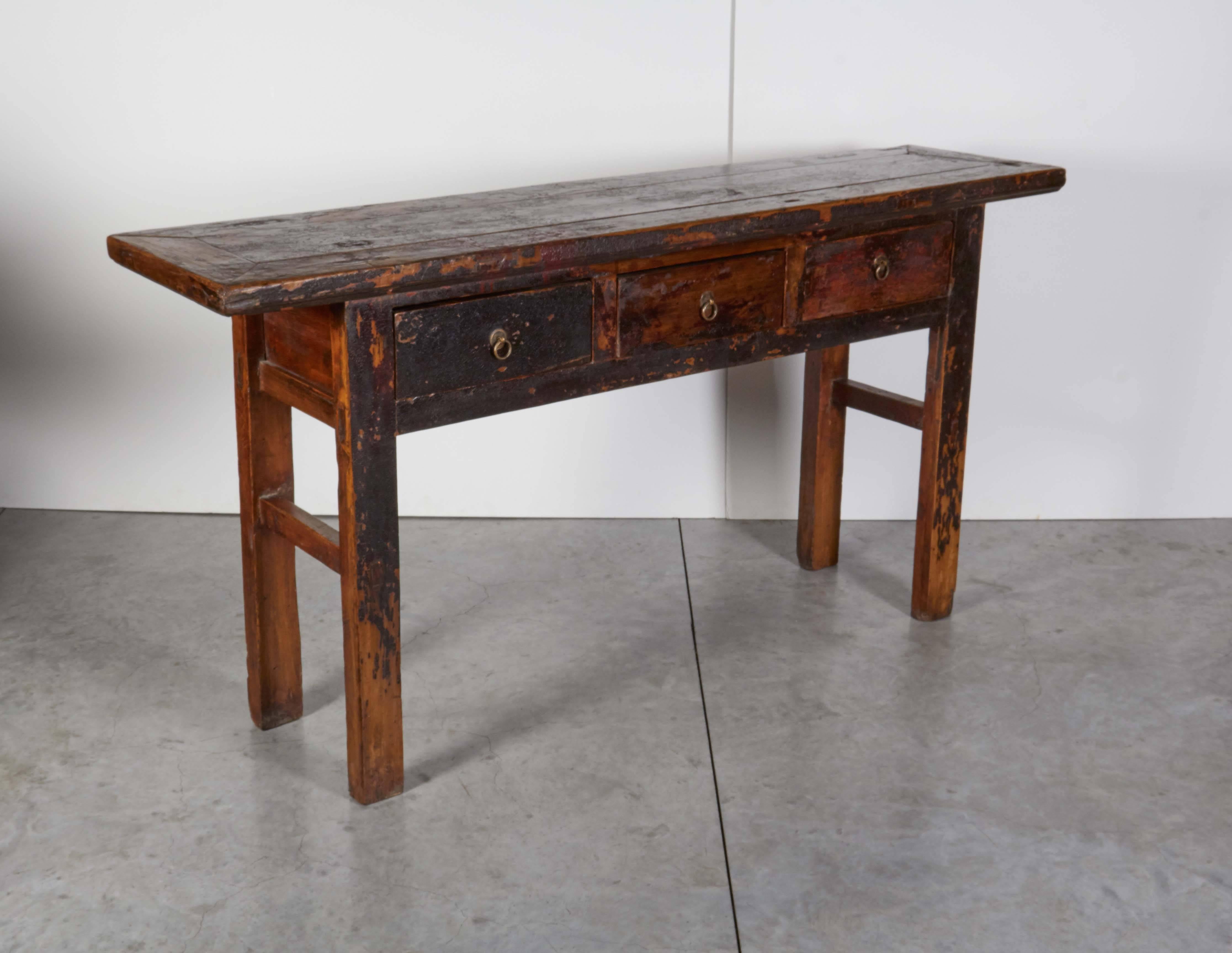 Pine Beautifully Worn Three-Drawer Console with Traces of Old Lacquer