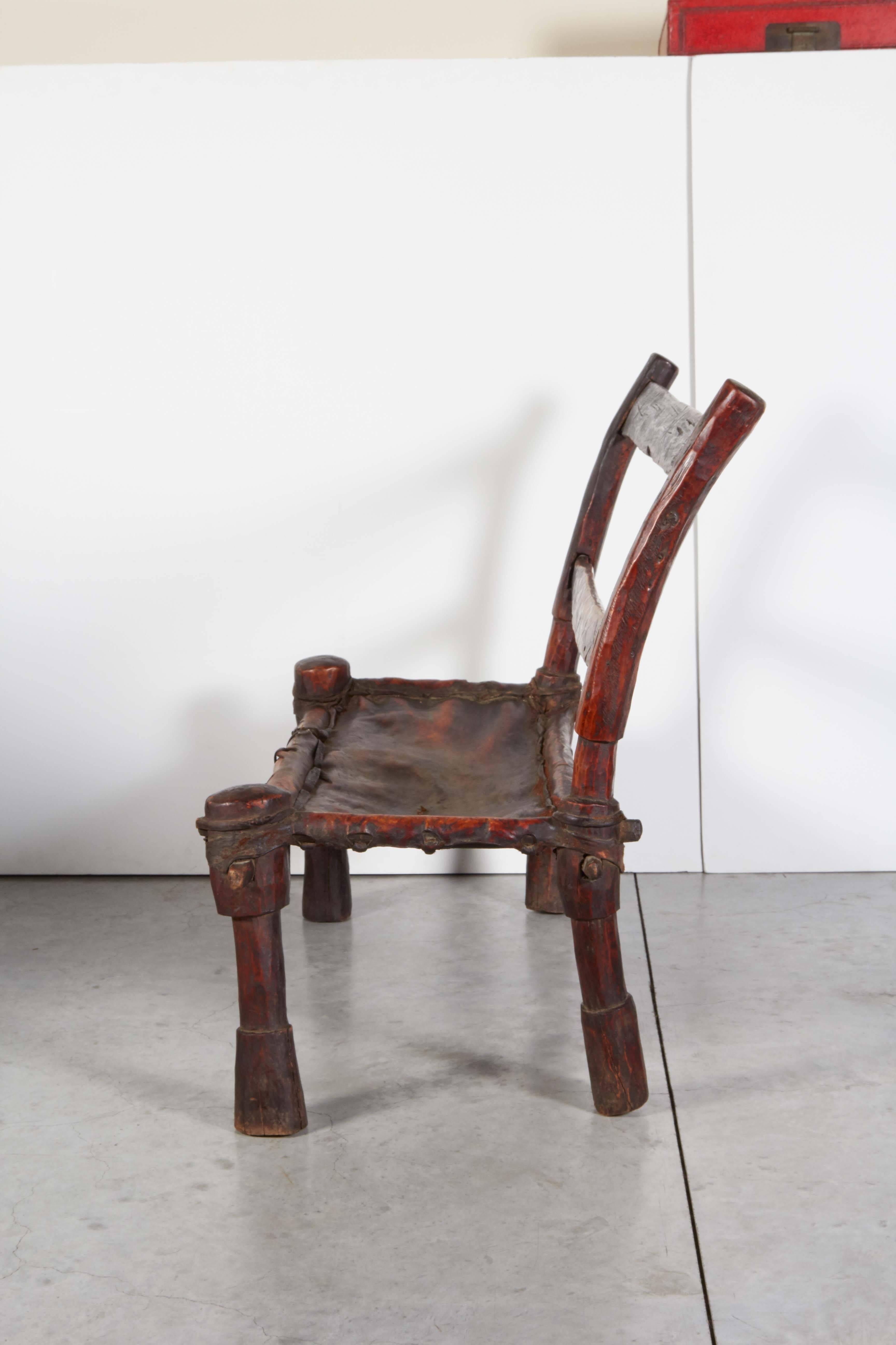 Ethiopian Antique Wood and Leather Bench with Great Patina and Clean Lines