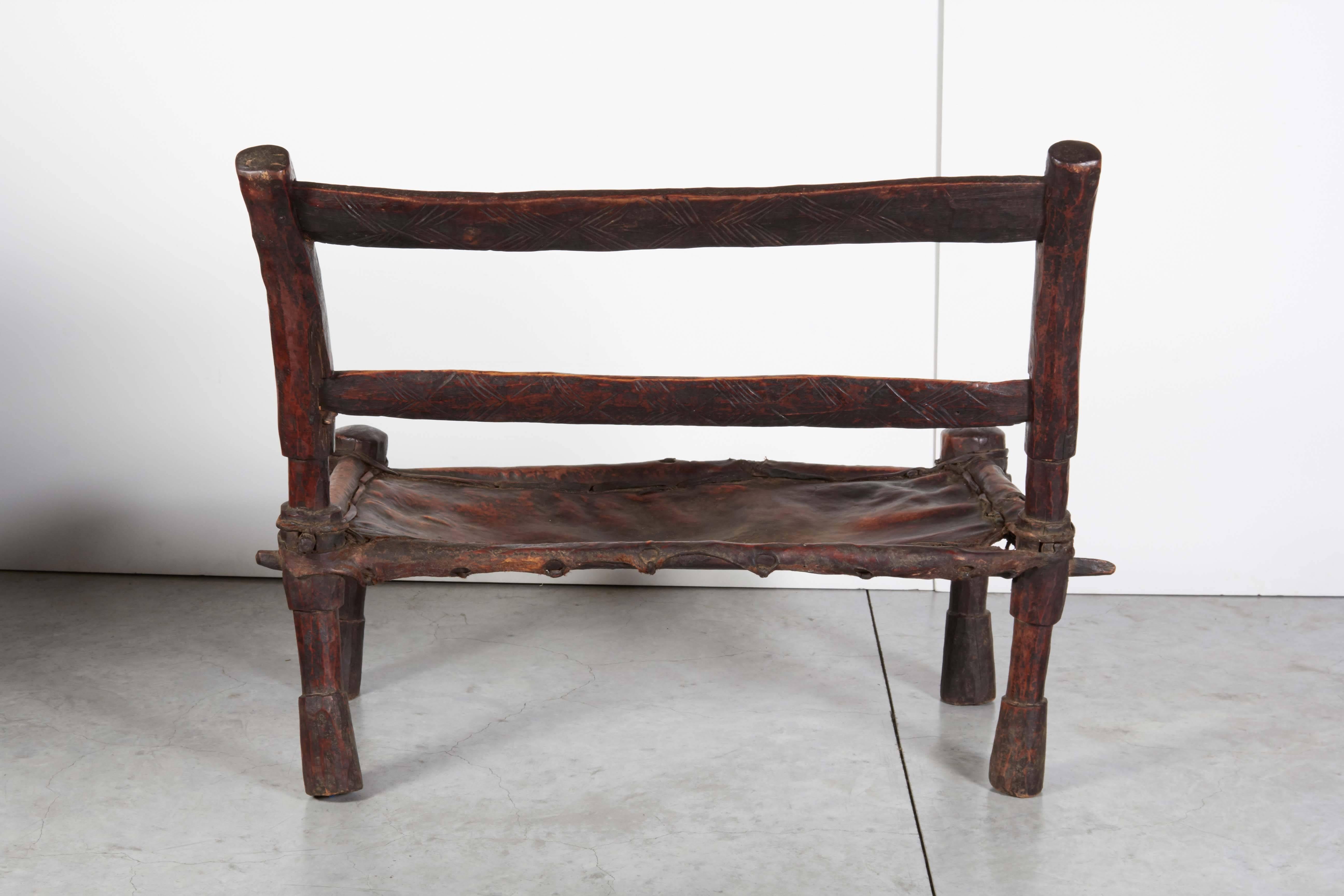 Antique Wood and Leather Bench with Great Patina and Clean Lines For Sale 1