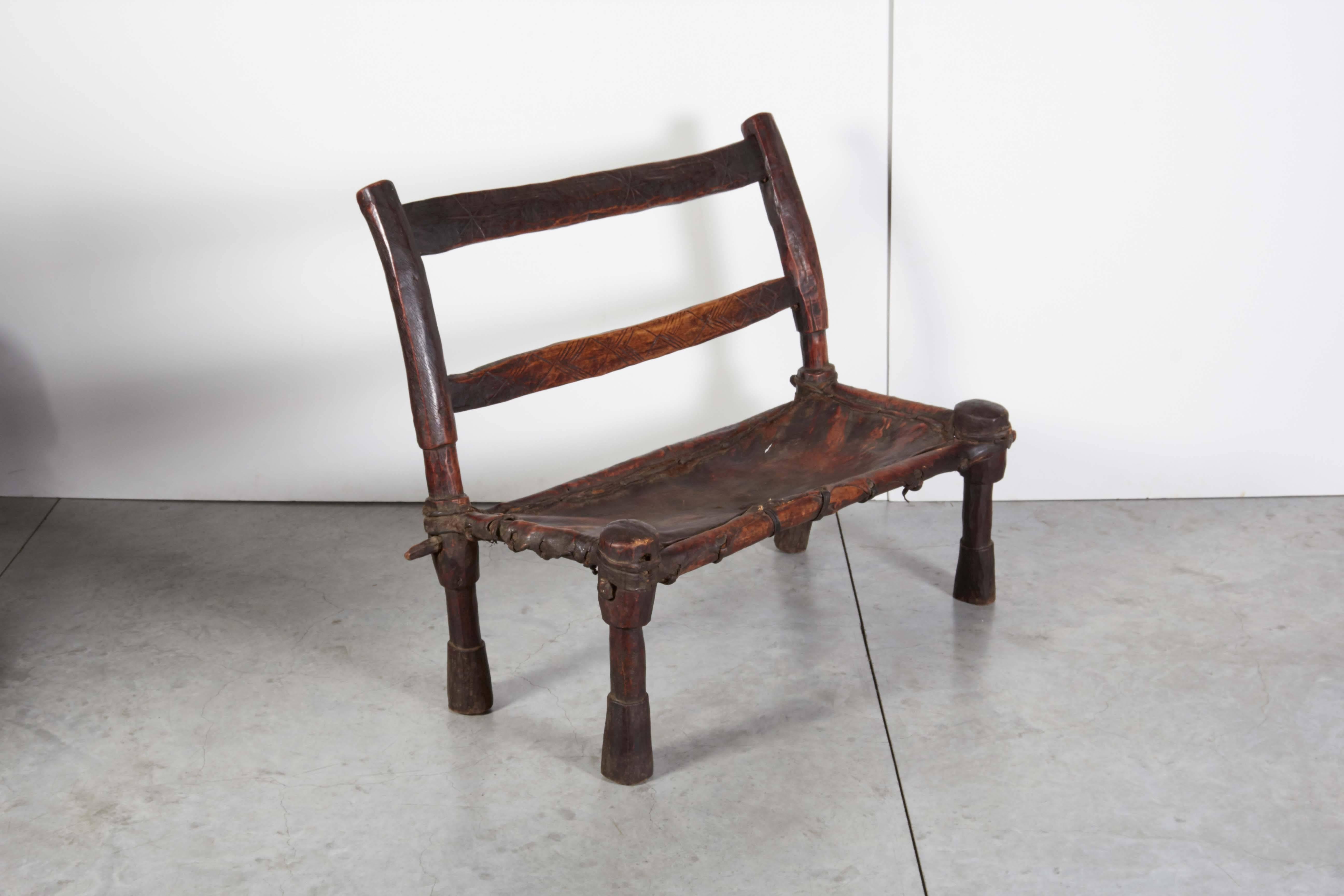 Antique Wood and Leather Bench with Great Patina and Clean Lines For Sale 2