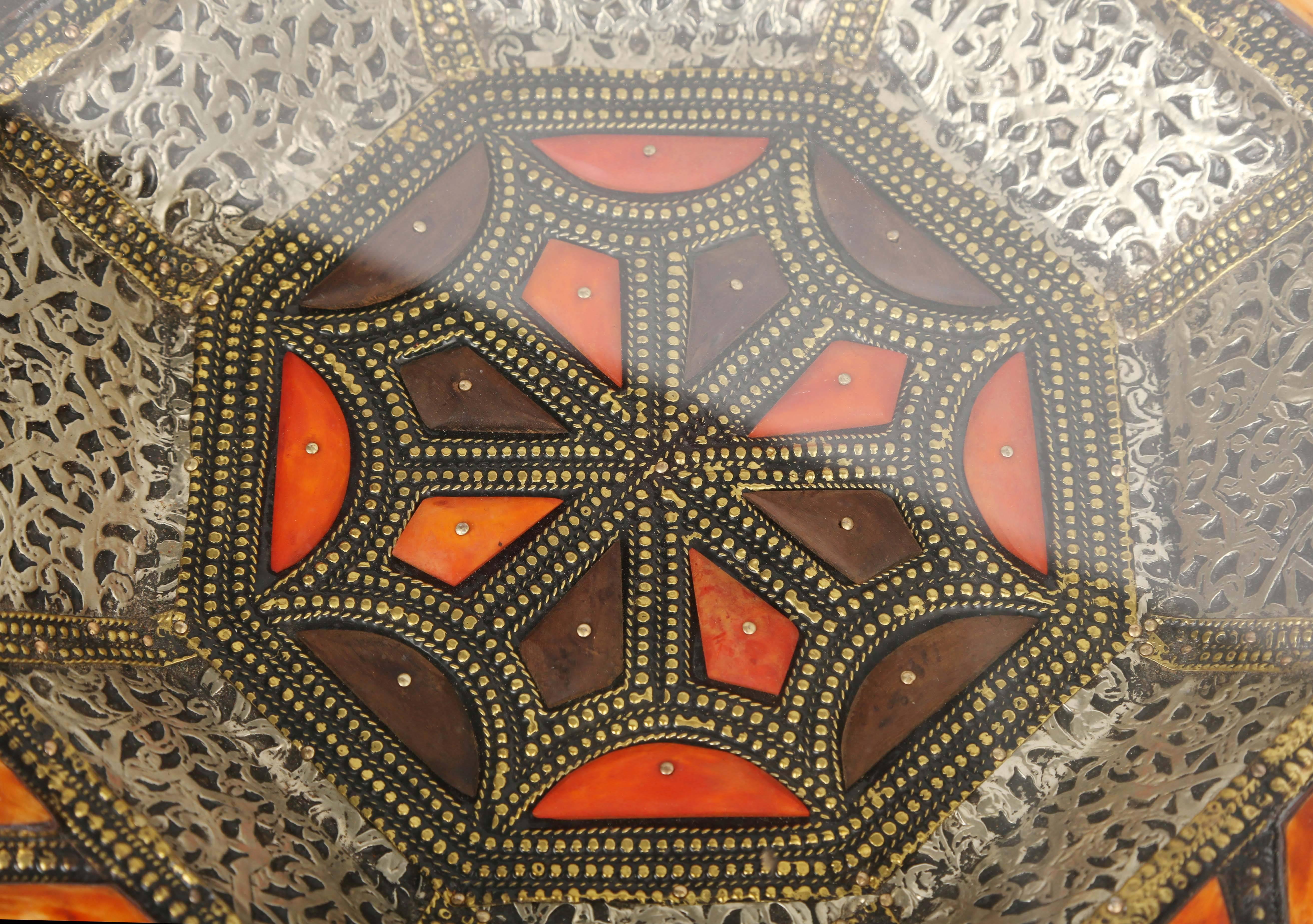 Other 2/pr Moroccan Metal Side Table Inlaid with Orange or white Faux Bone Decoration For Sale