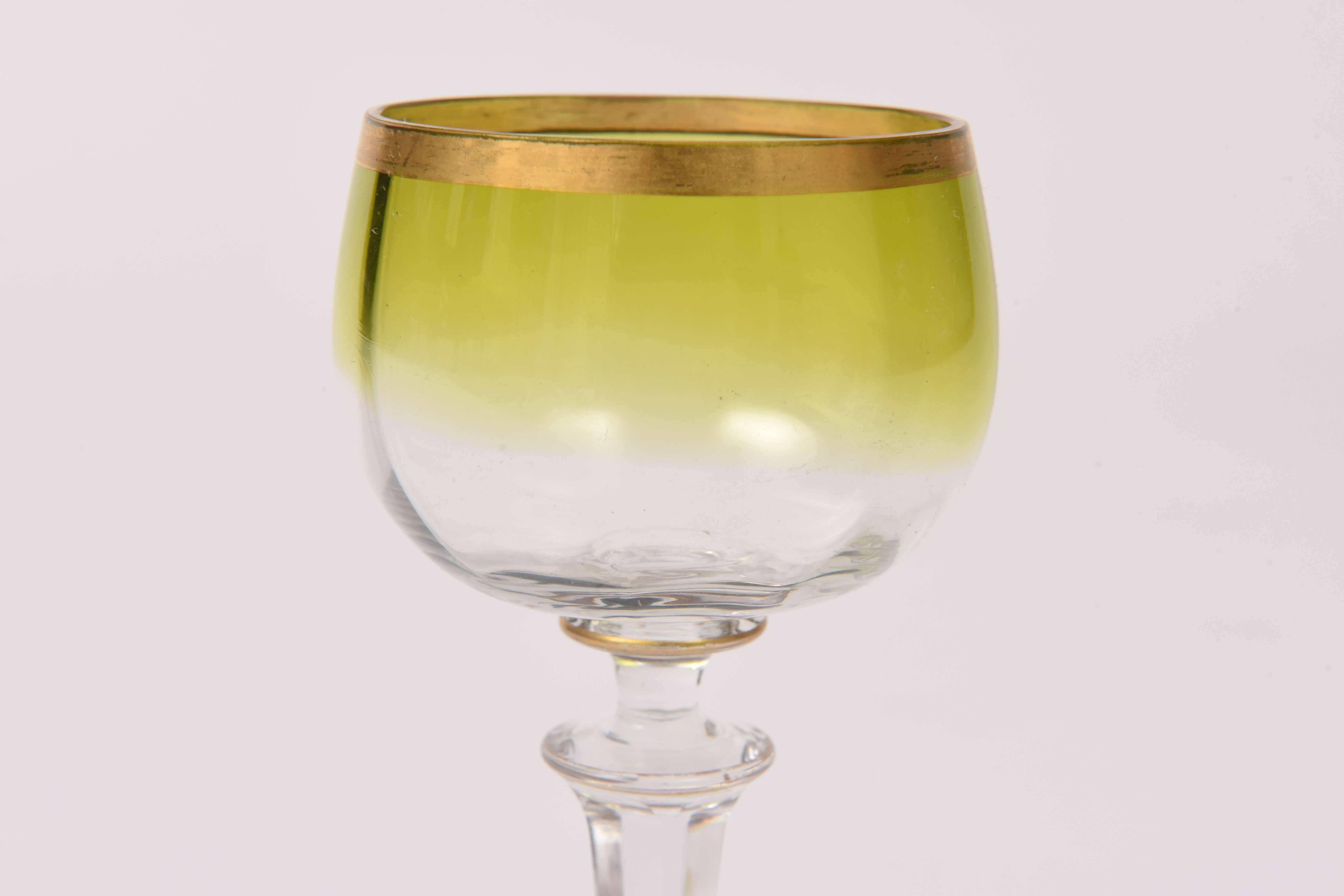 French 12 Chartreuse Green Wine Goblets Mouth Blown With Hand Trimmed Gold