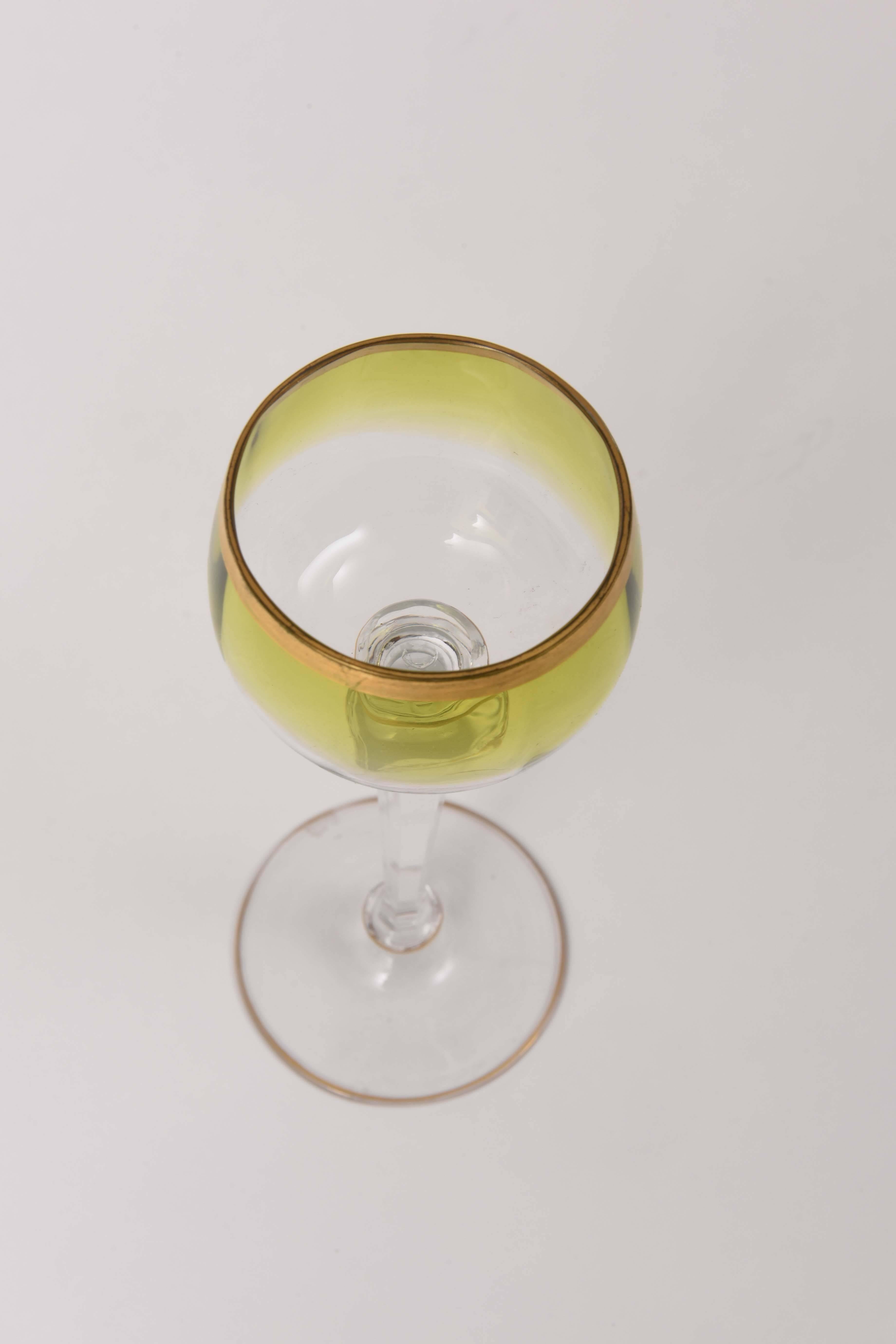 Hand-Crafted 12 Chartreuse Green Wine Goblets Mouth Blown With Hand Trimmed Gold