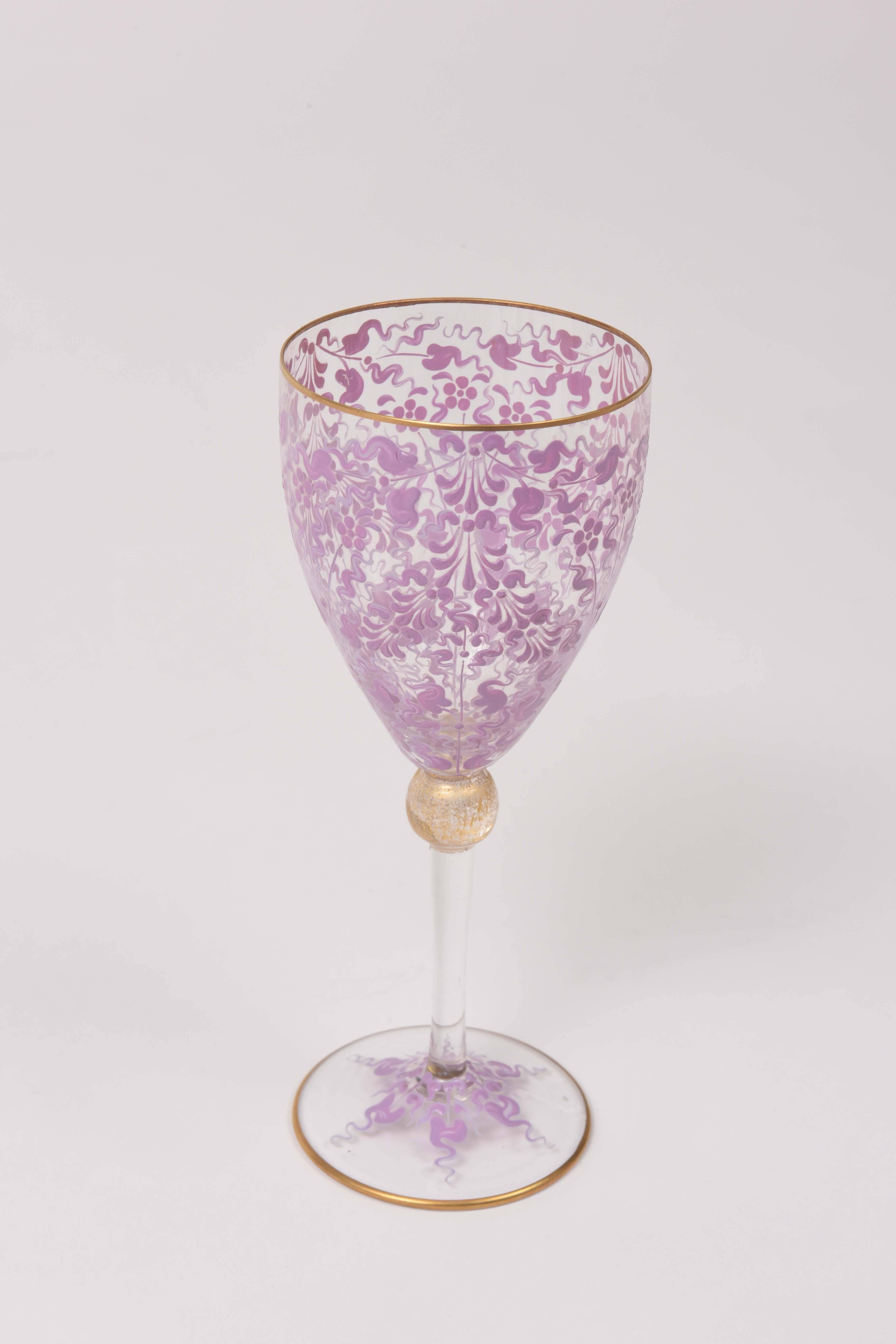 Italian 10 Vintage Venetian Pink Gilt Wine Glasses, Hand-Painted with 24-Karat Gold