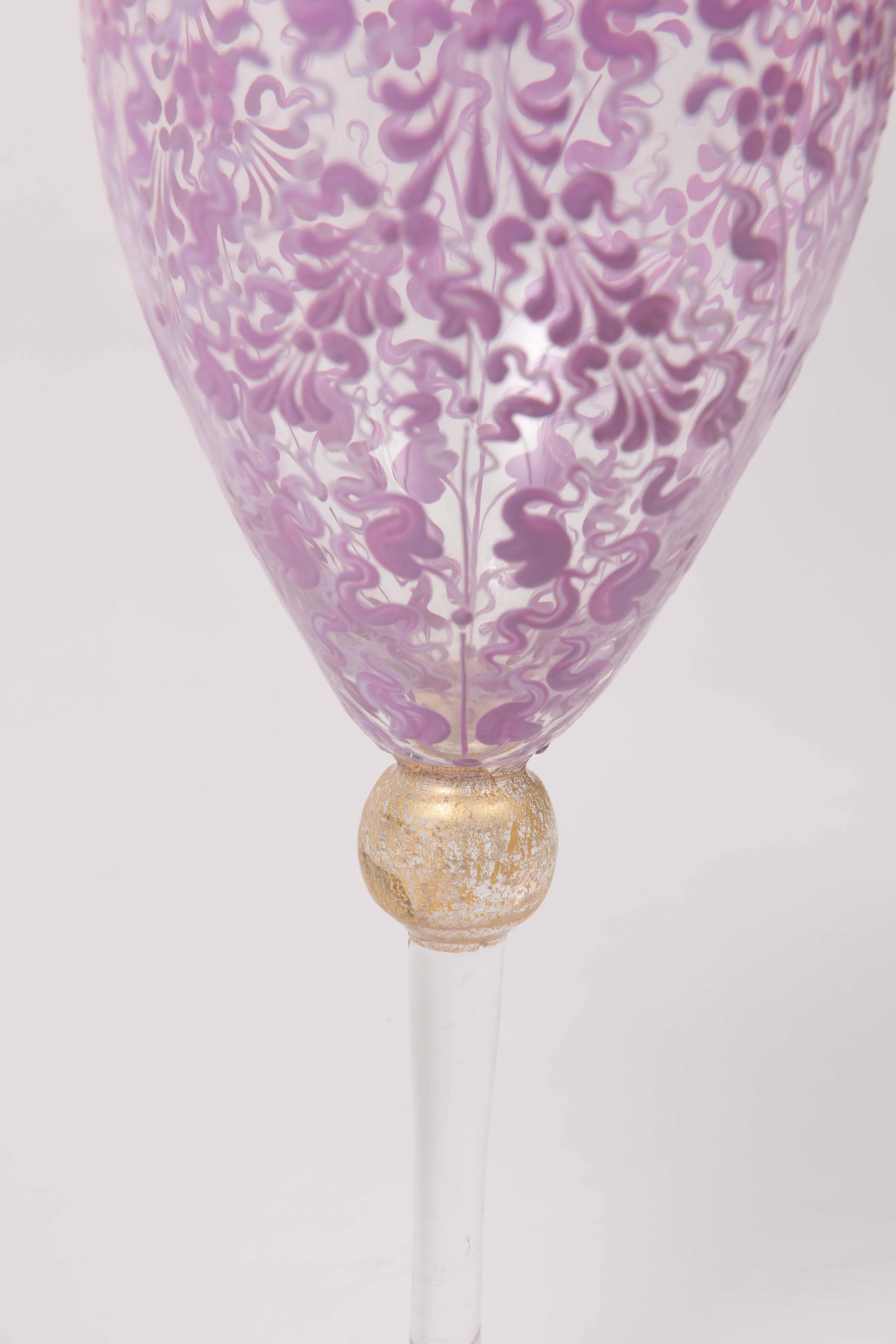 Hand-Crafted 10 Vintage Venetian Pink Gilt Wine Glasses, Hand-Painted with 24-Karat Gold