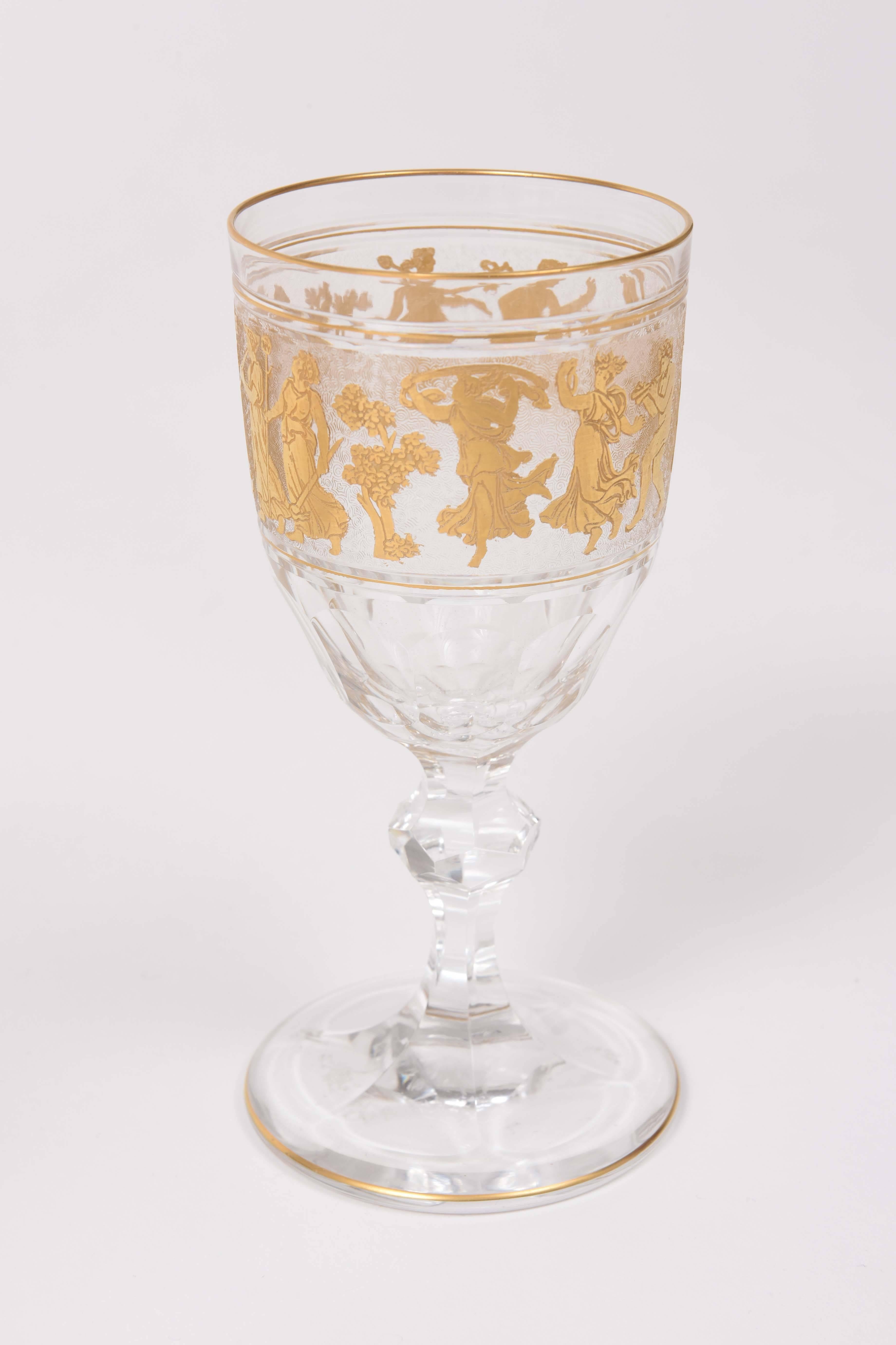 Belle Époque 6 Figural Gilded Goblets, Antique Val Saint Lambert, Heavy Cut-Glass