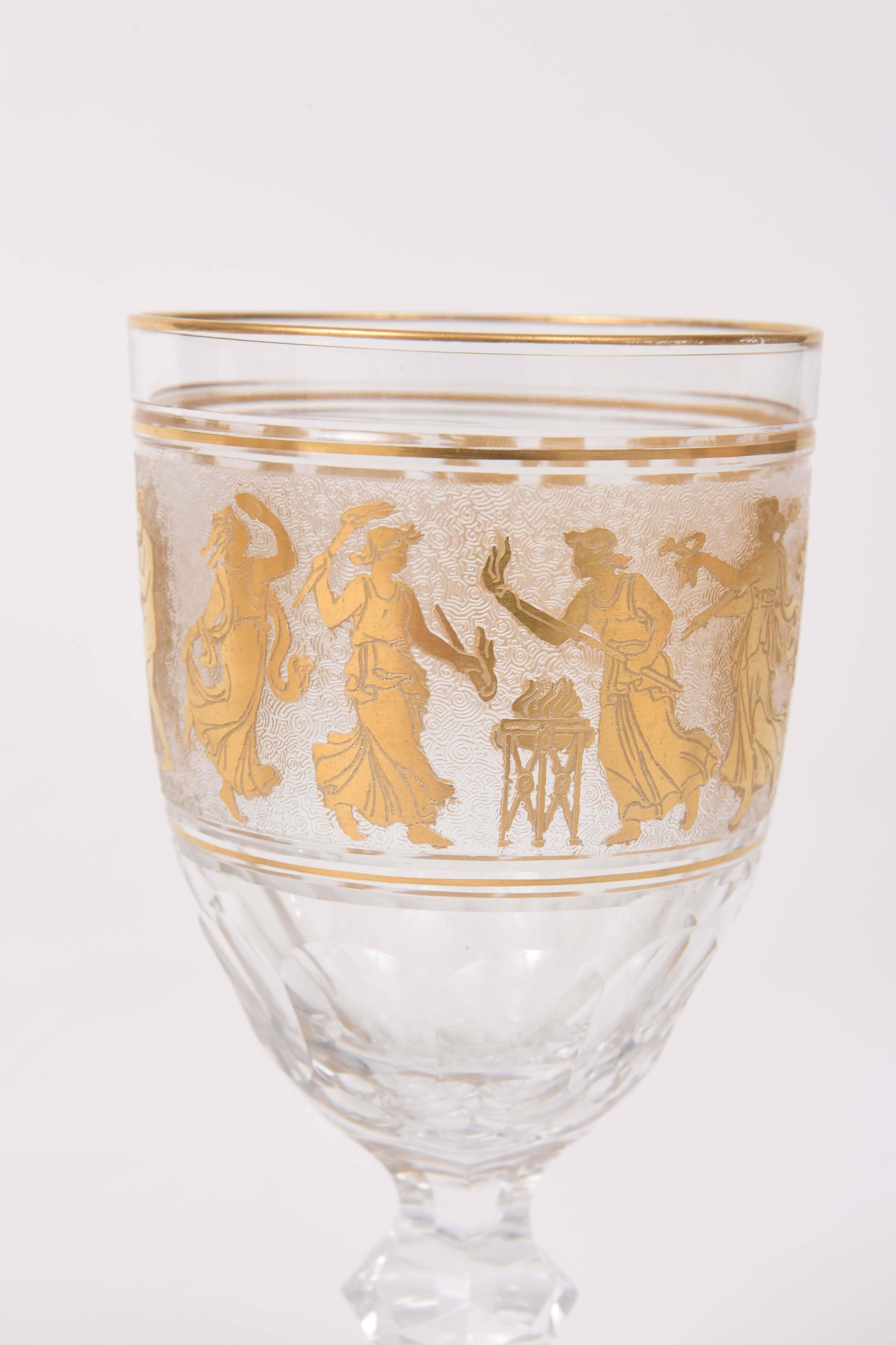 Belgian 6 Figural Gilded Goblets, Antique Val Saint Lambert, Heavy Cut-Glass