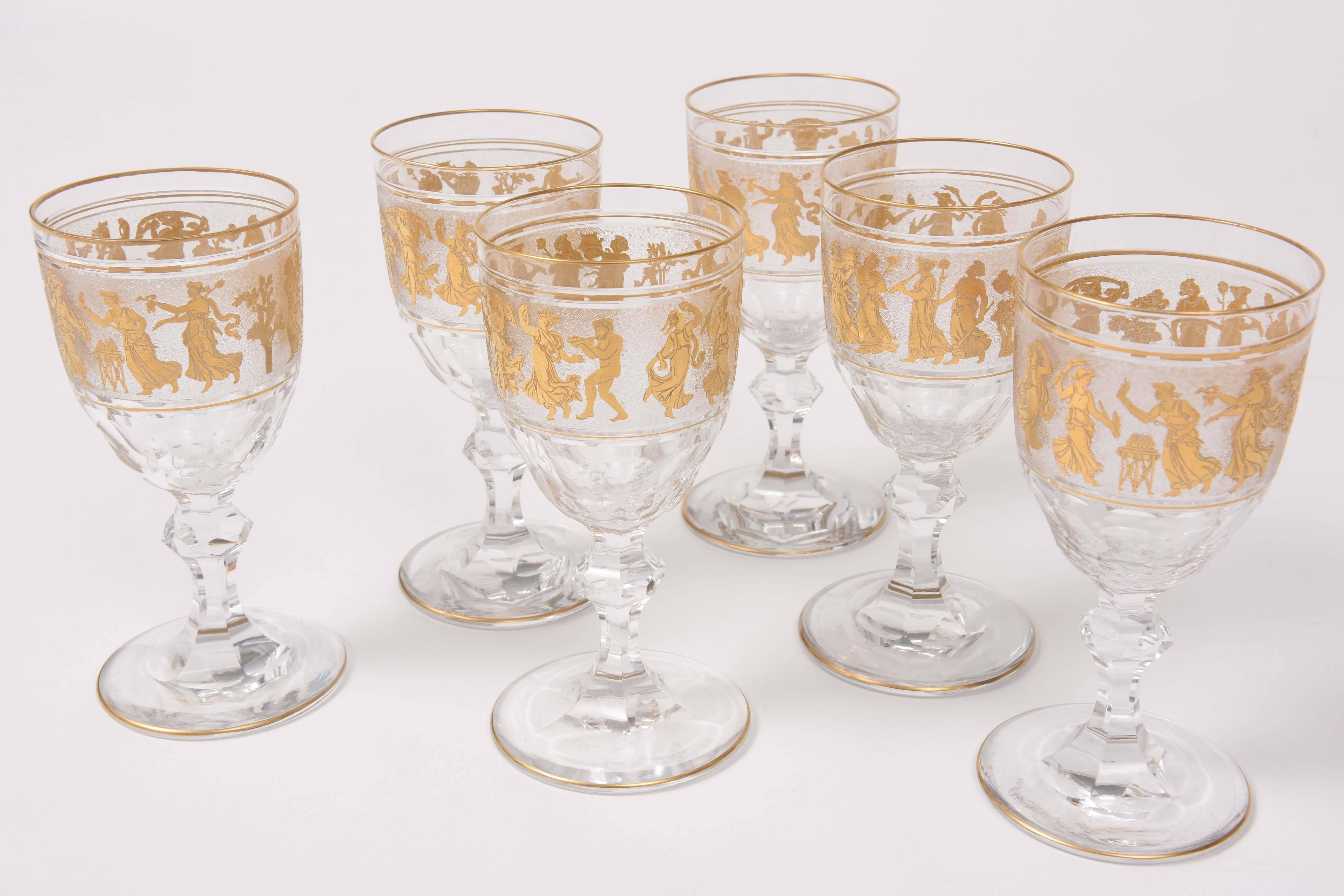 6 Figural Gilded Goblets, Antique Val Saint Lambert, Heavy Cut-Glass In Good Condition In West Palm Beach, FL