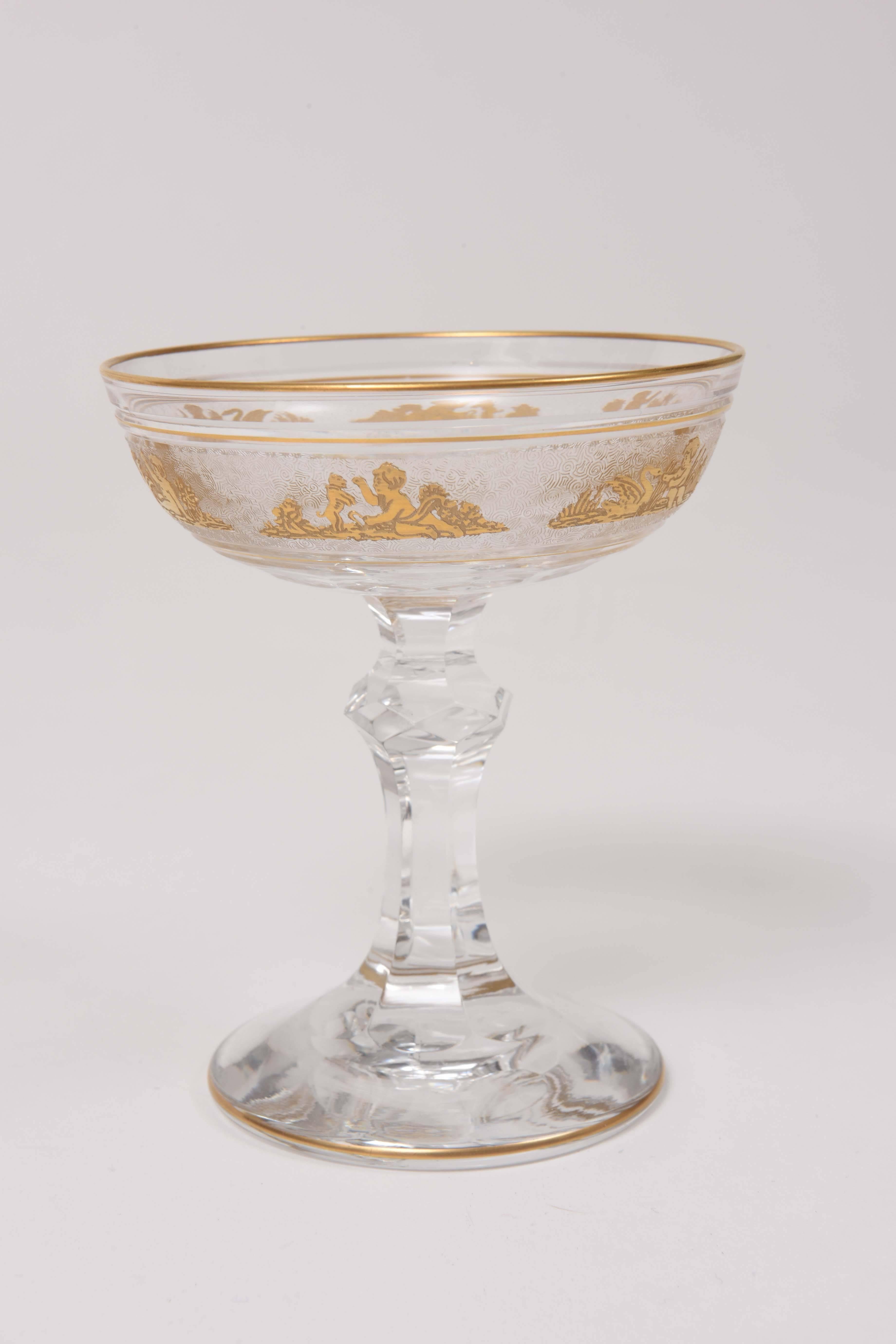 Gold Gilt Champagne Coupe, Val Saint Lambert with Acid Etched Background