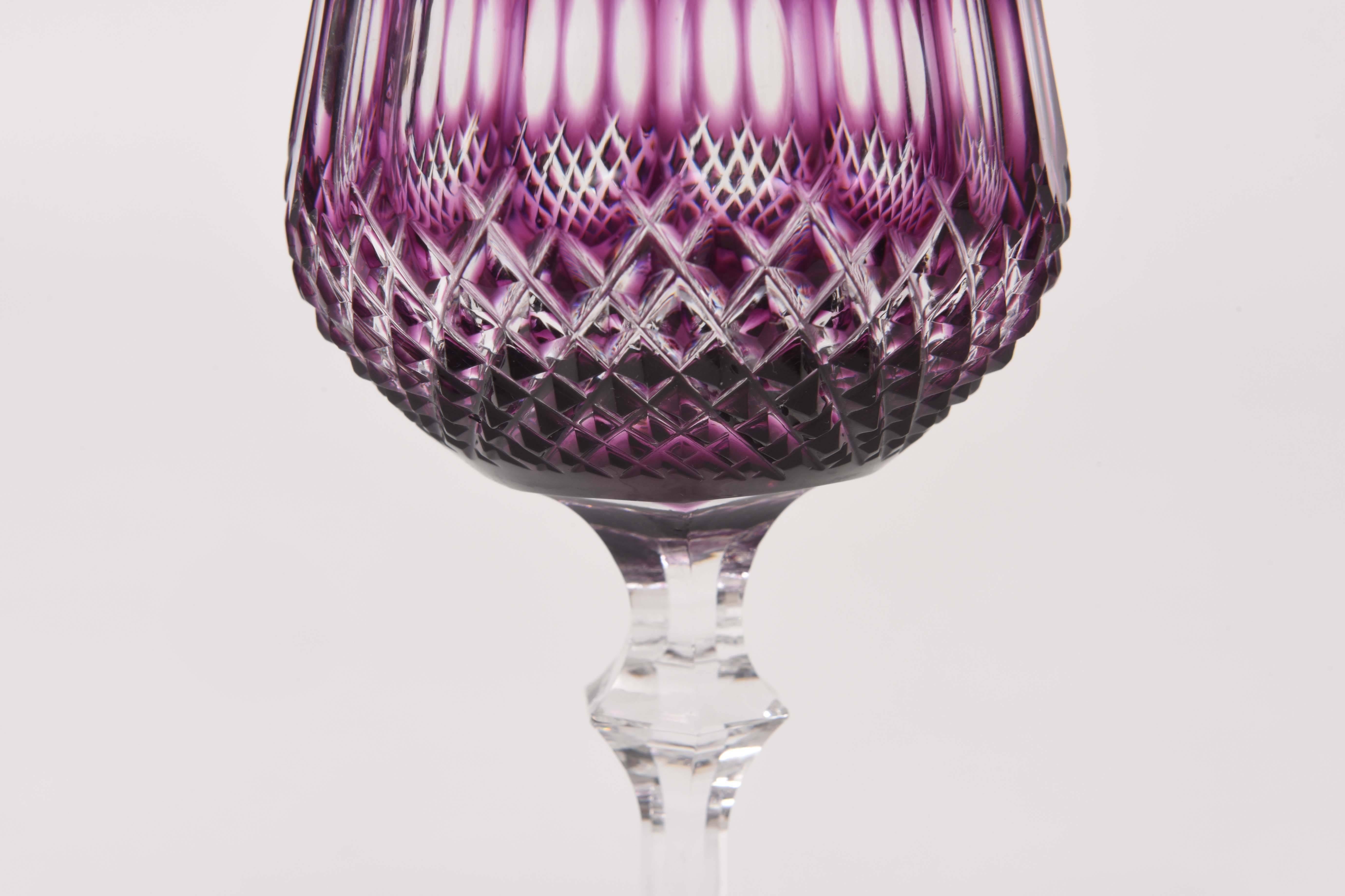 Czech Set of Six Amethyst Cut Glass Wine Goblets, Gorgeous Color