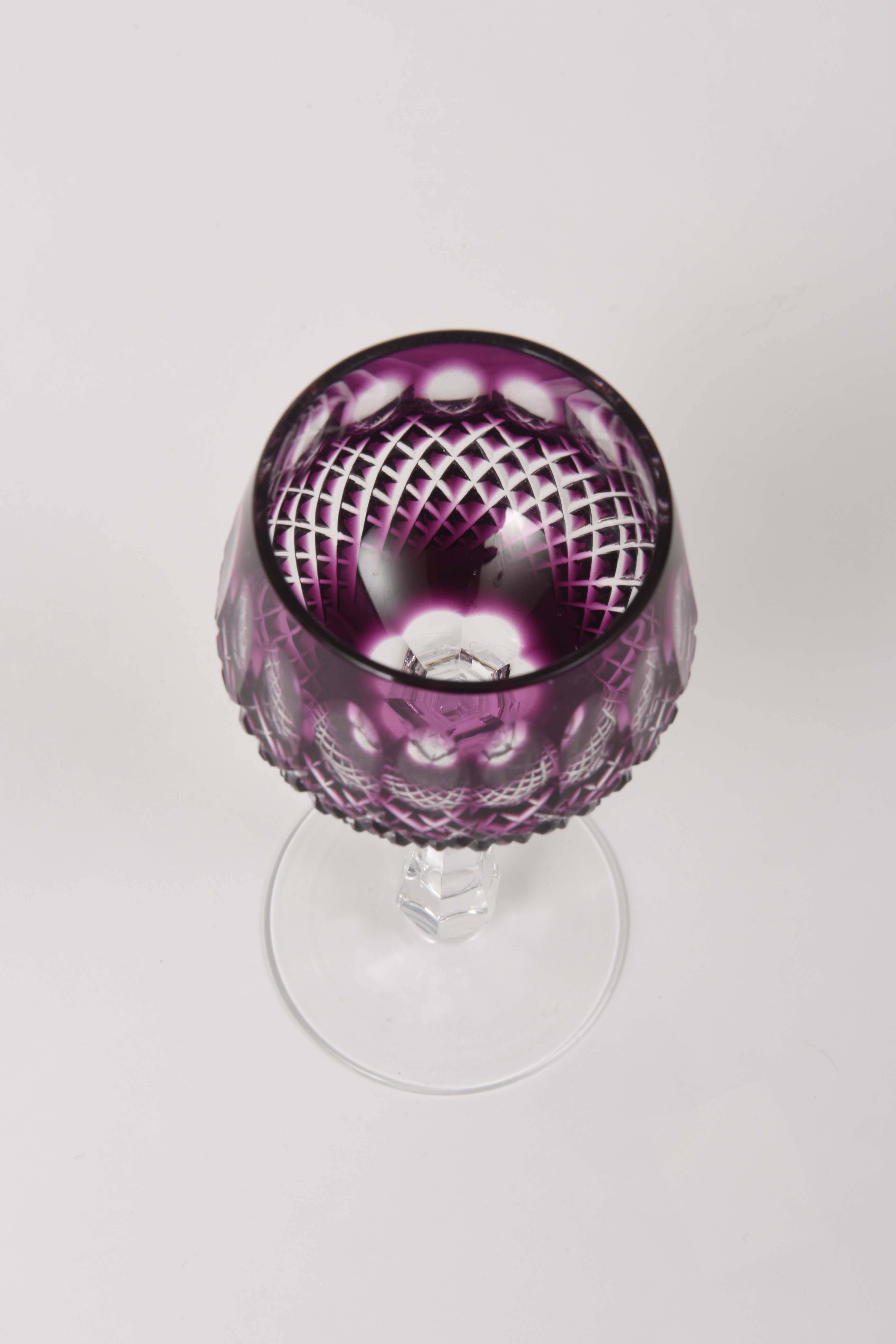 Hand-Crafted Set of Six Amethyst Cut Glass Wine Goblets, Gorgeous Color