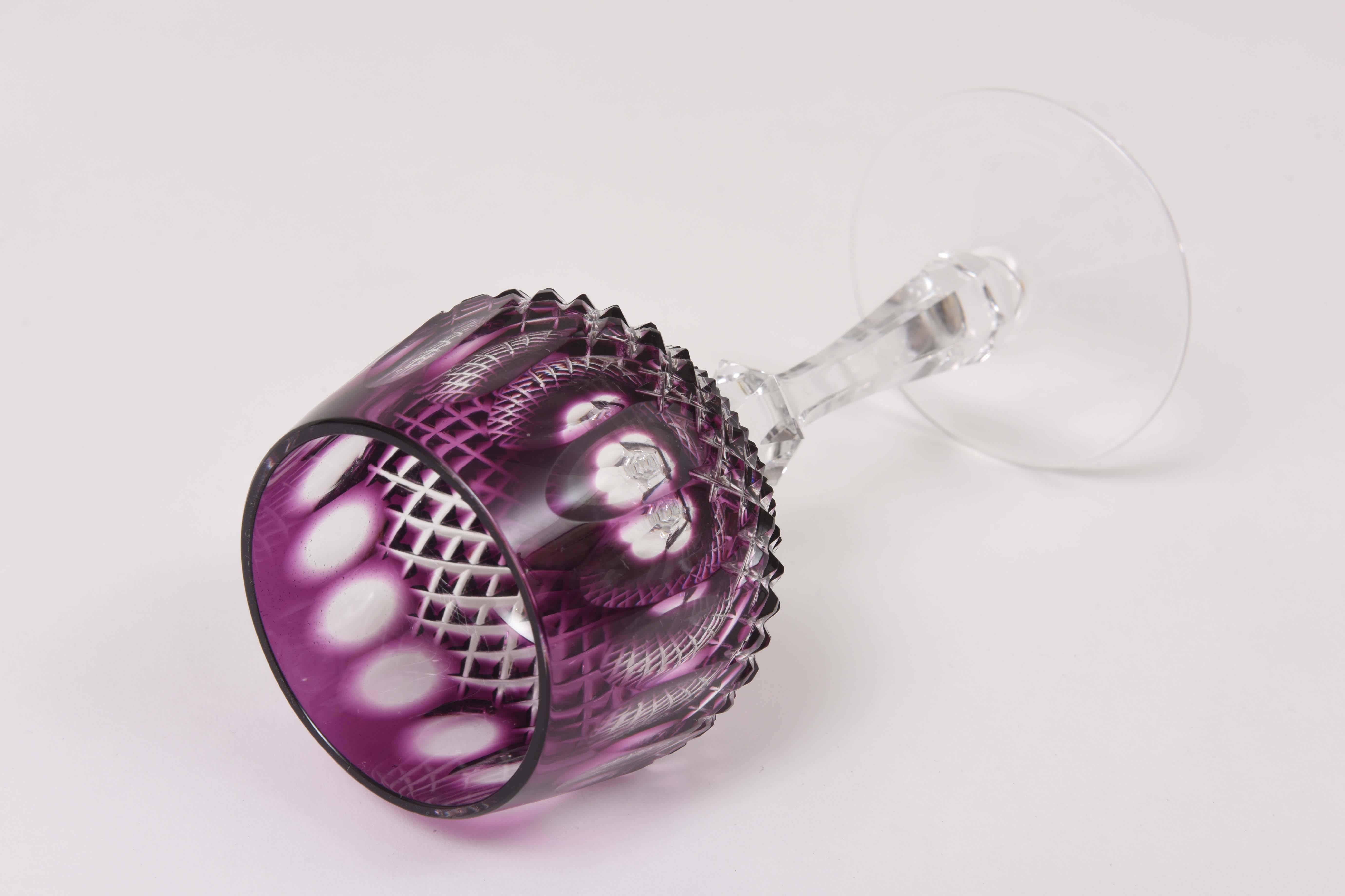 Set of Six Amethyst Cut Glass Wine Goblets, Gorgeous Color In Good Condition In West Palm Beach, FL
