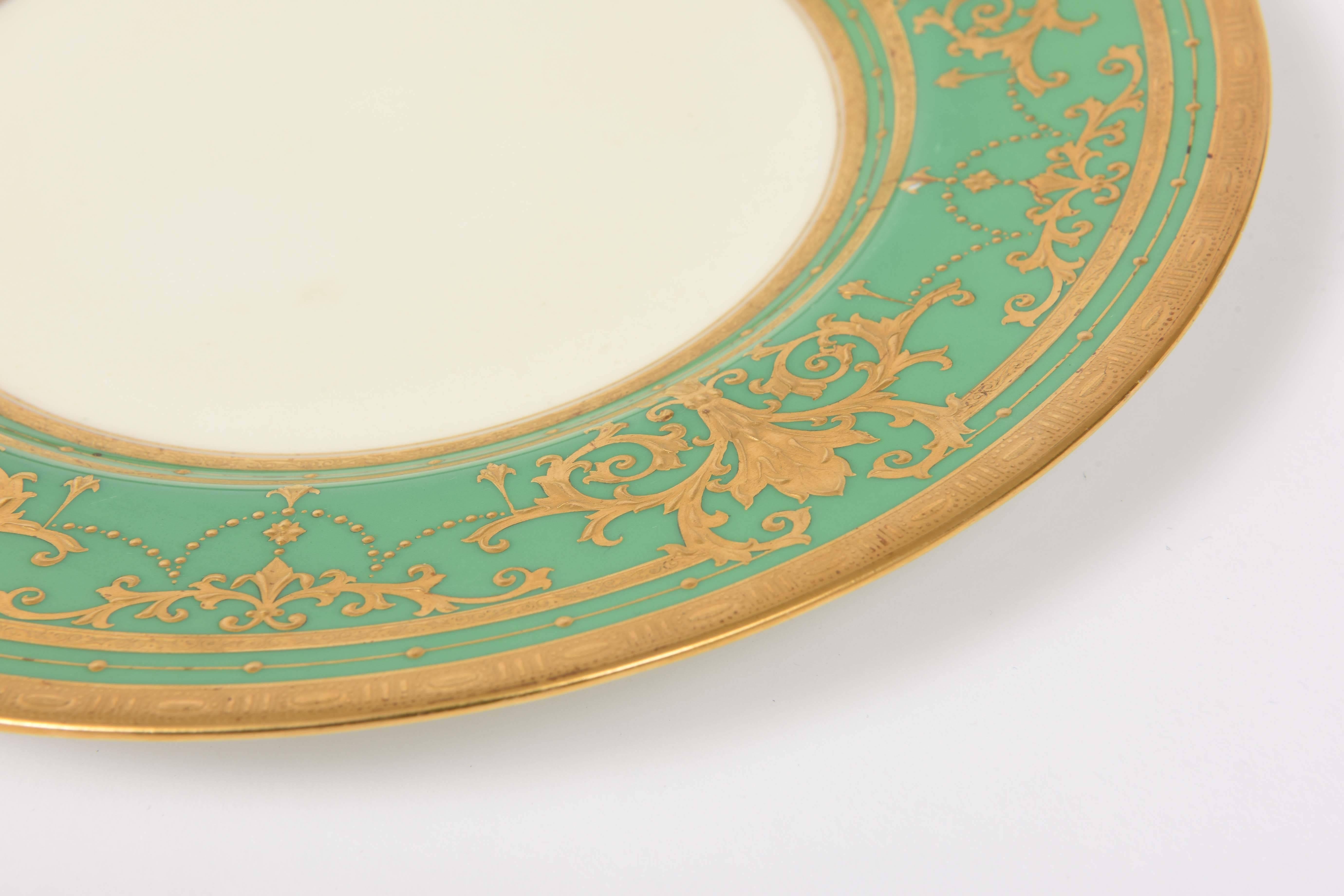 Belle Époque 12 Elaborate Gilt Encrusted Antique Green and Gold Dinner Plates by Minton