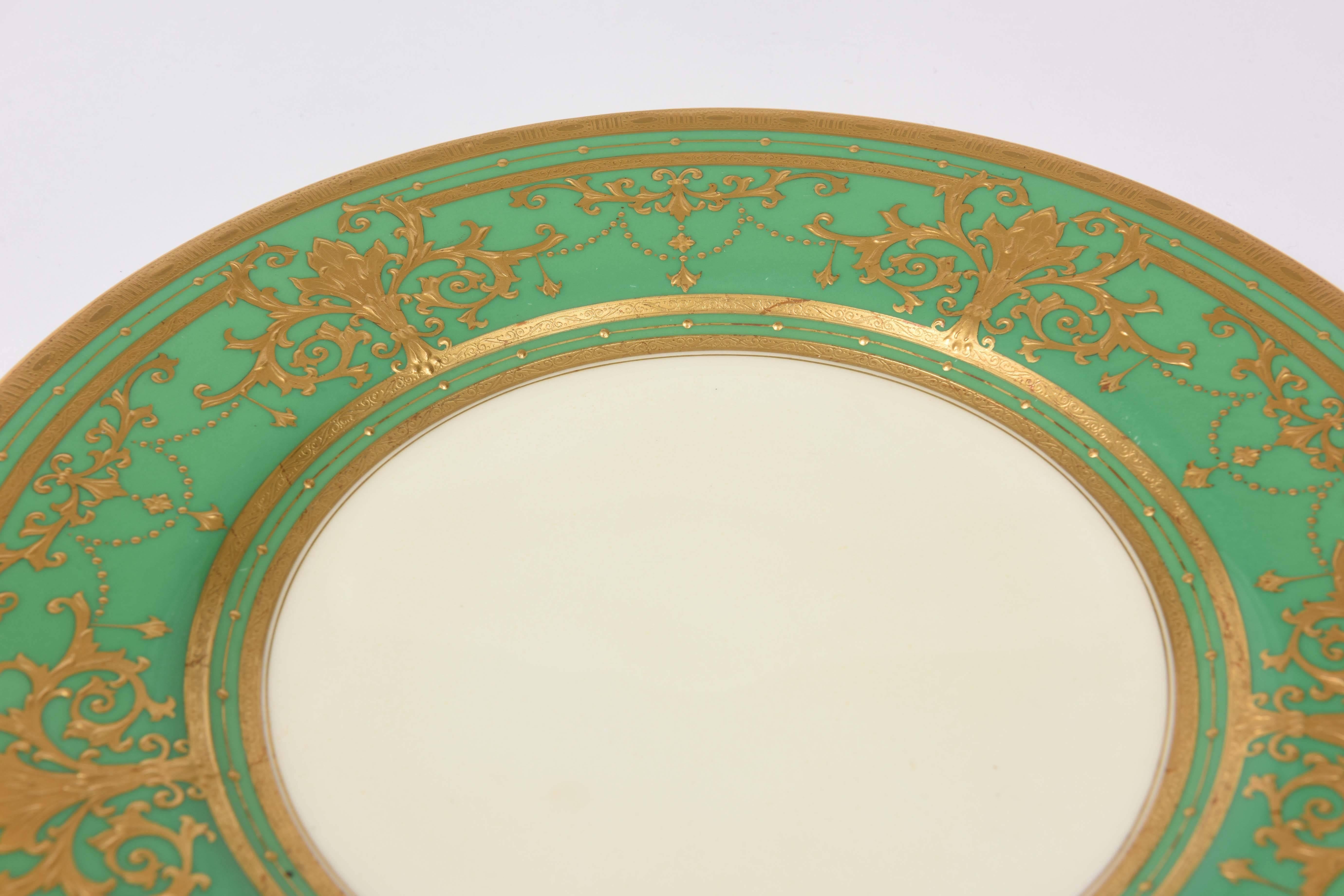 English 12 Elaborate Gilt Encrusted Antique Green and Gold Dinner Plates by Minton