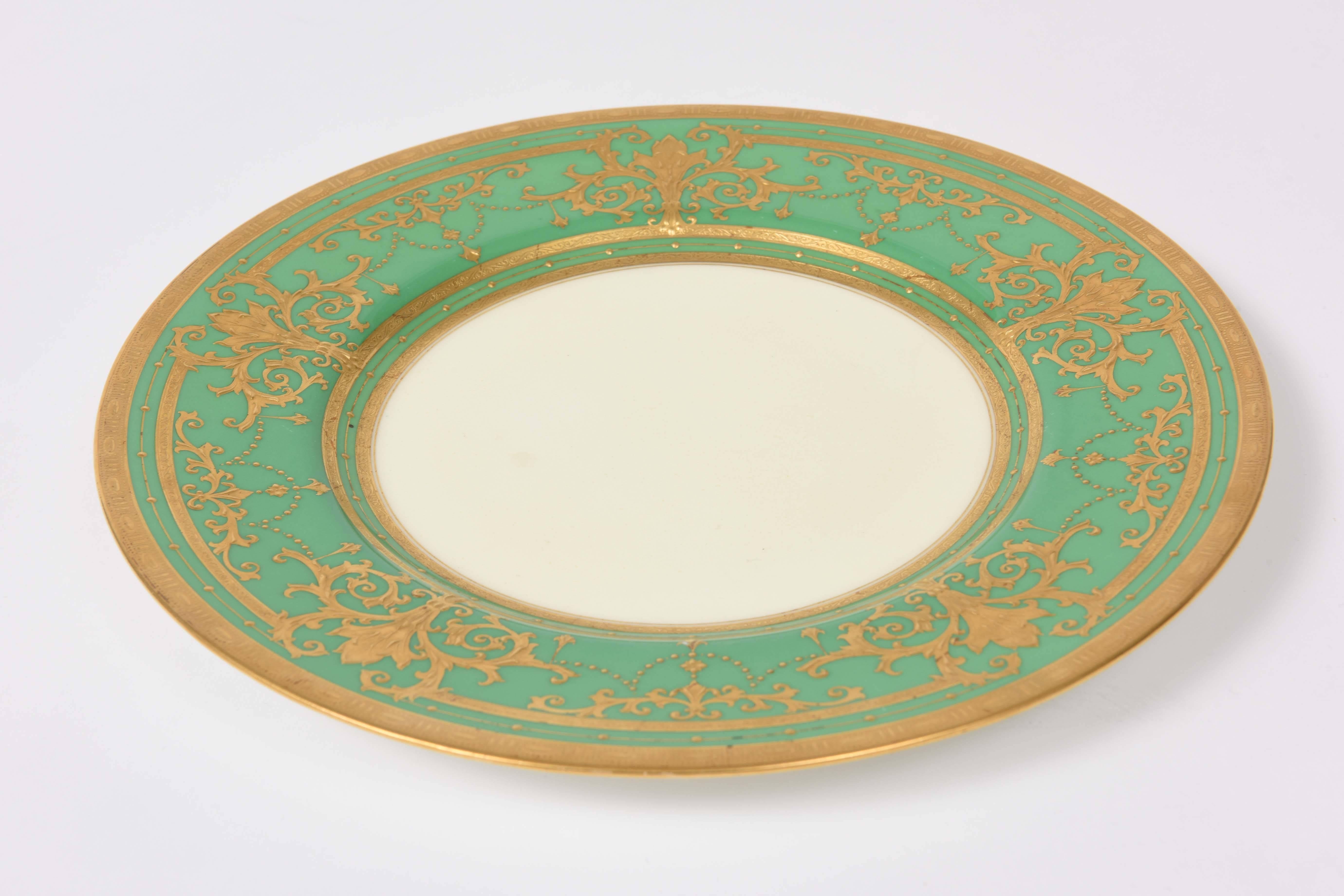 Hand-Crafted 12 Elaborate Gilt Encrusted Antique Green and Gold Dinner Plates by Minton