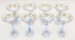 Eight Antique Venetian Glass Champagne Coupes, Blue with Hand Painting