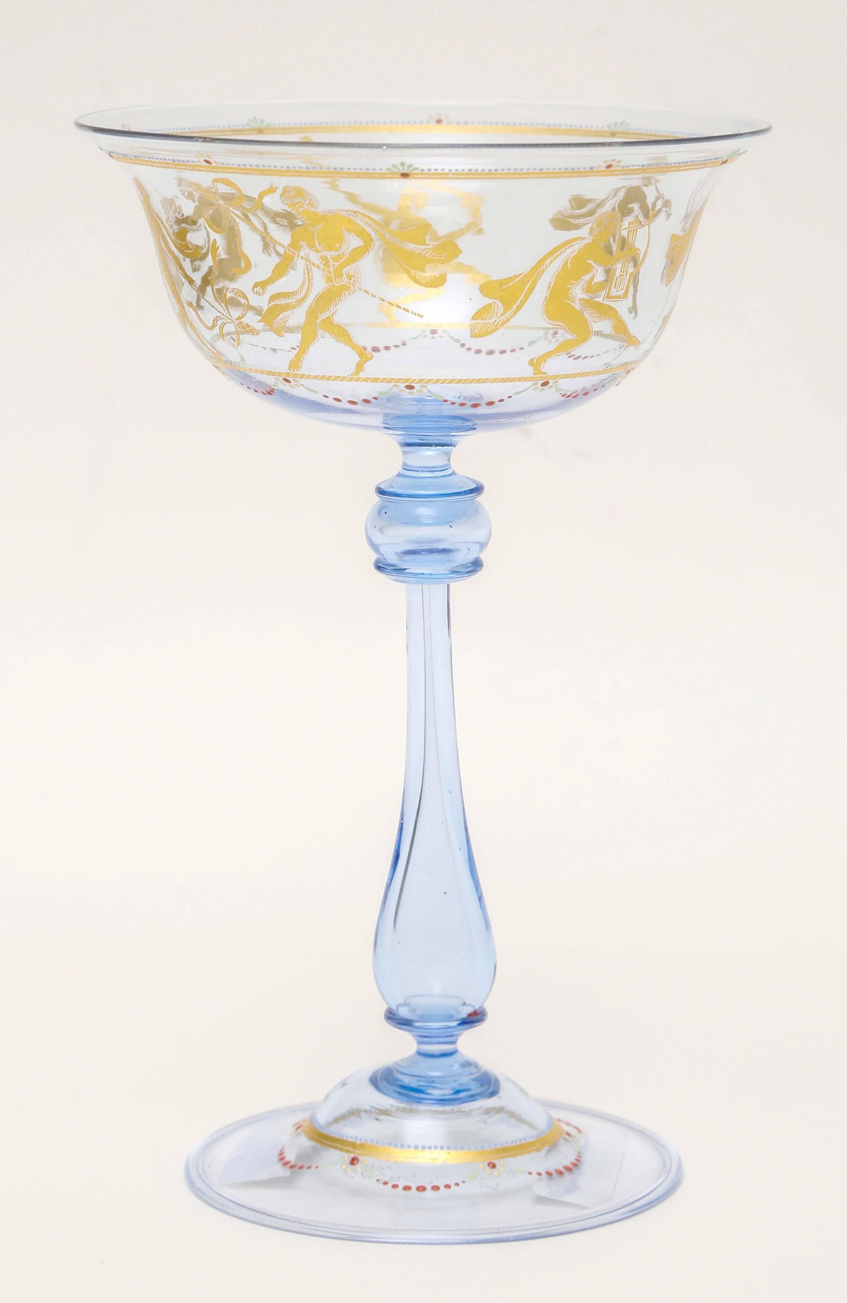 Italian Eight Antique Venetian Glass Champagne Coupes, Blue with Hand Painting