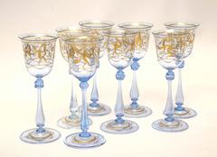 Eight Tall and Elegant Antique Venetian Wine Goblets, Hand-Painted 24-Karat Gold