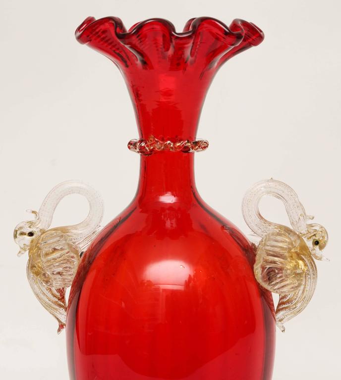 Stunning Red Vase with Double Swan Handles, 24Karat Gold