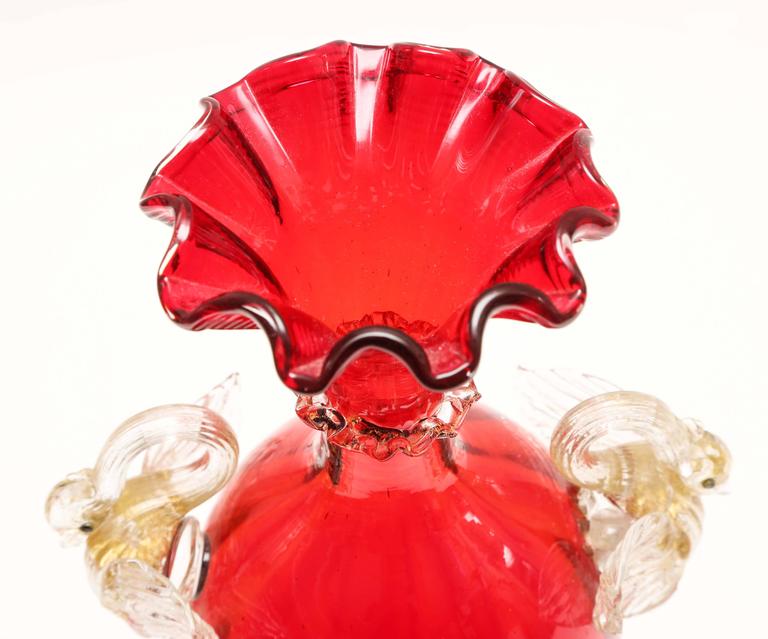 Stunning Red Vase with Double Swan Handles, 24Karat Gold