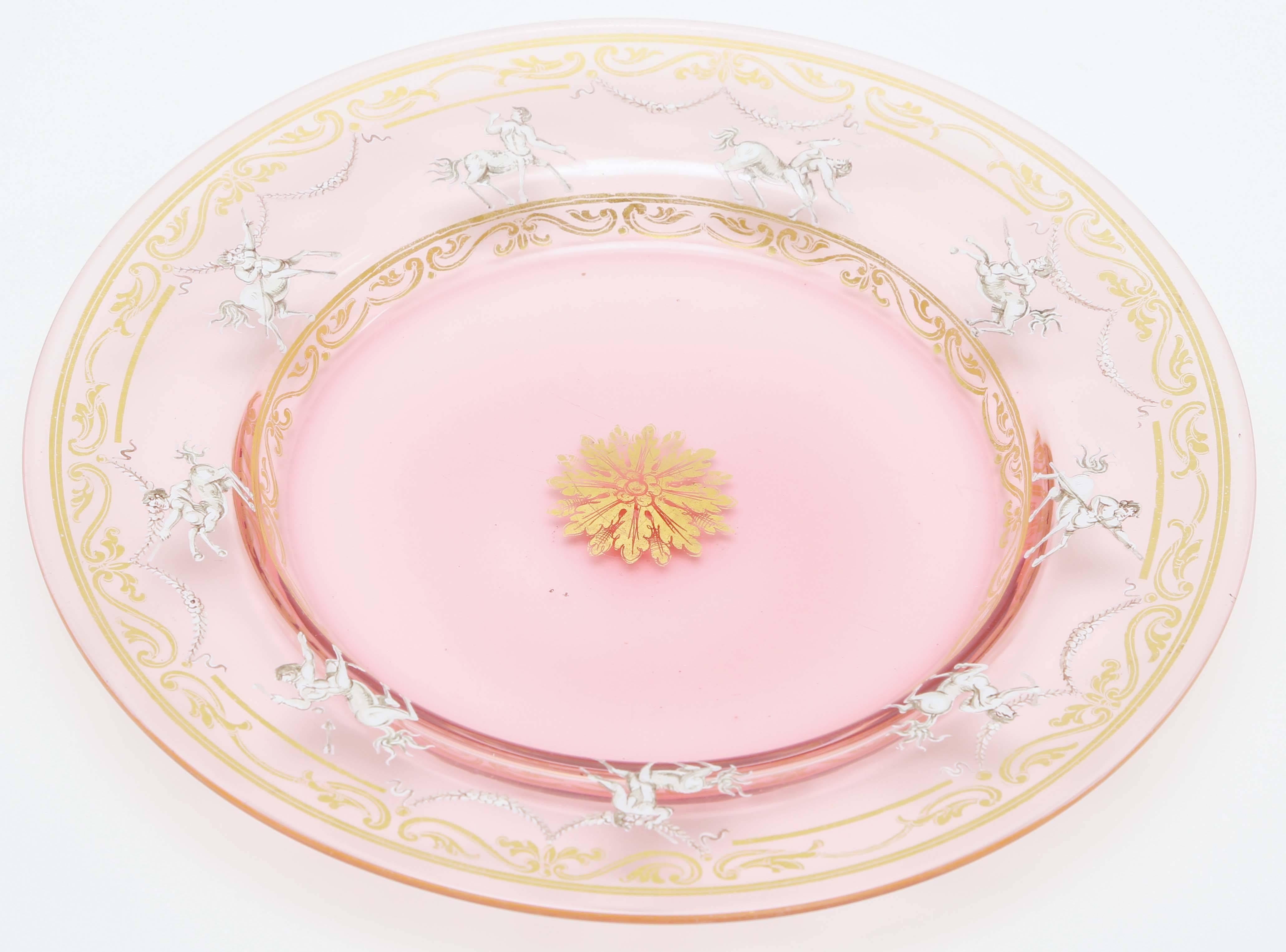 Italian 12 Venetian Antique Plates, Pretty Pink and Gilt with Hand Enamel Decoration