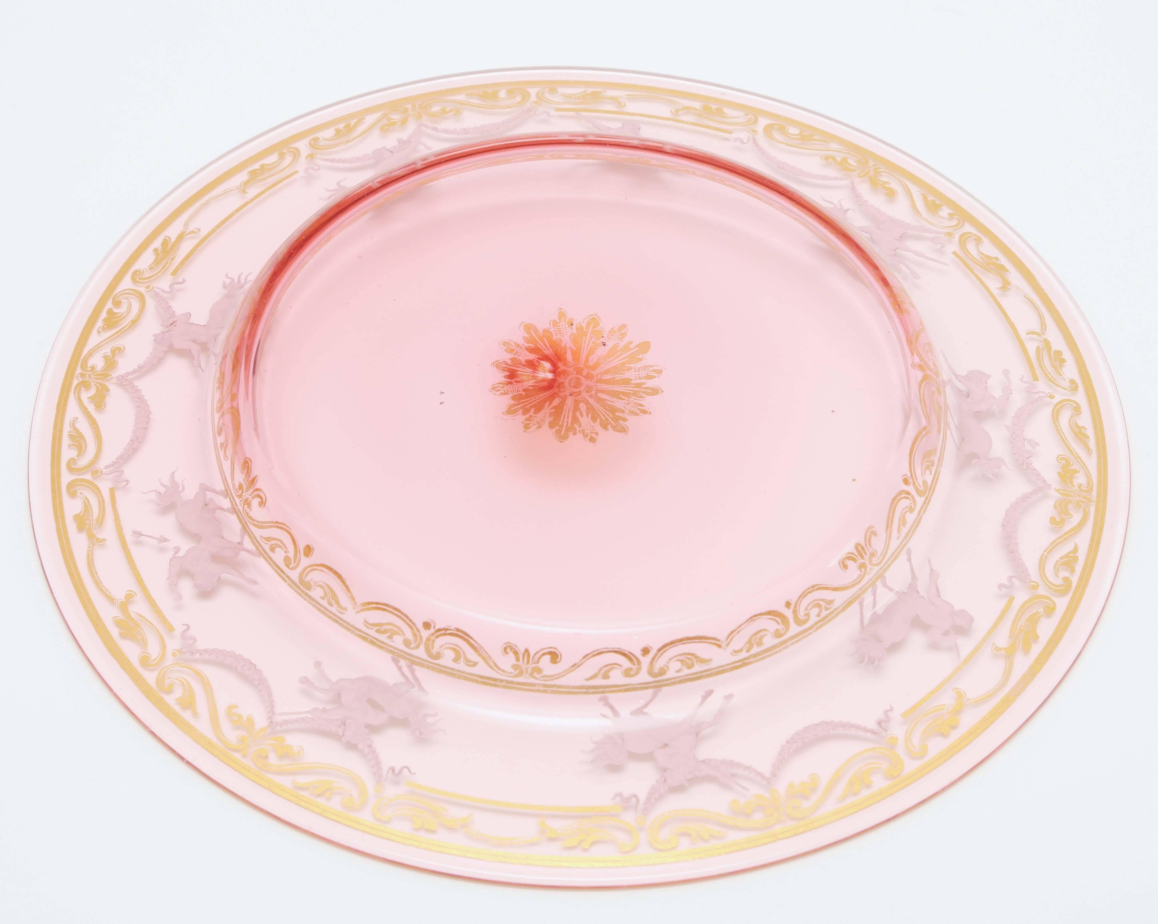 Hand-Crafted 12 Venetian Antique Plates, Pretty Pink and Gilt with Hand Enamel Decoration