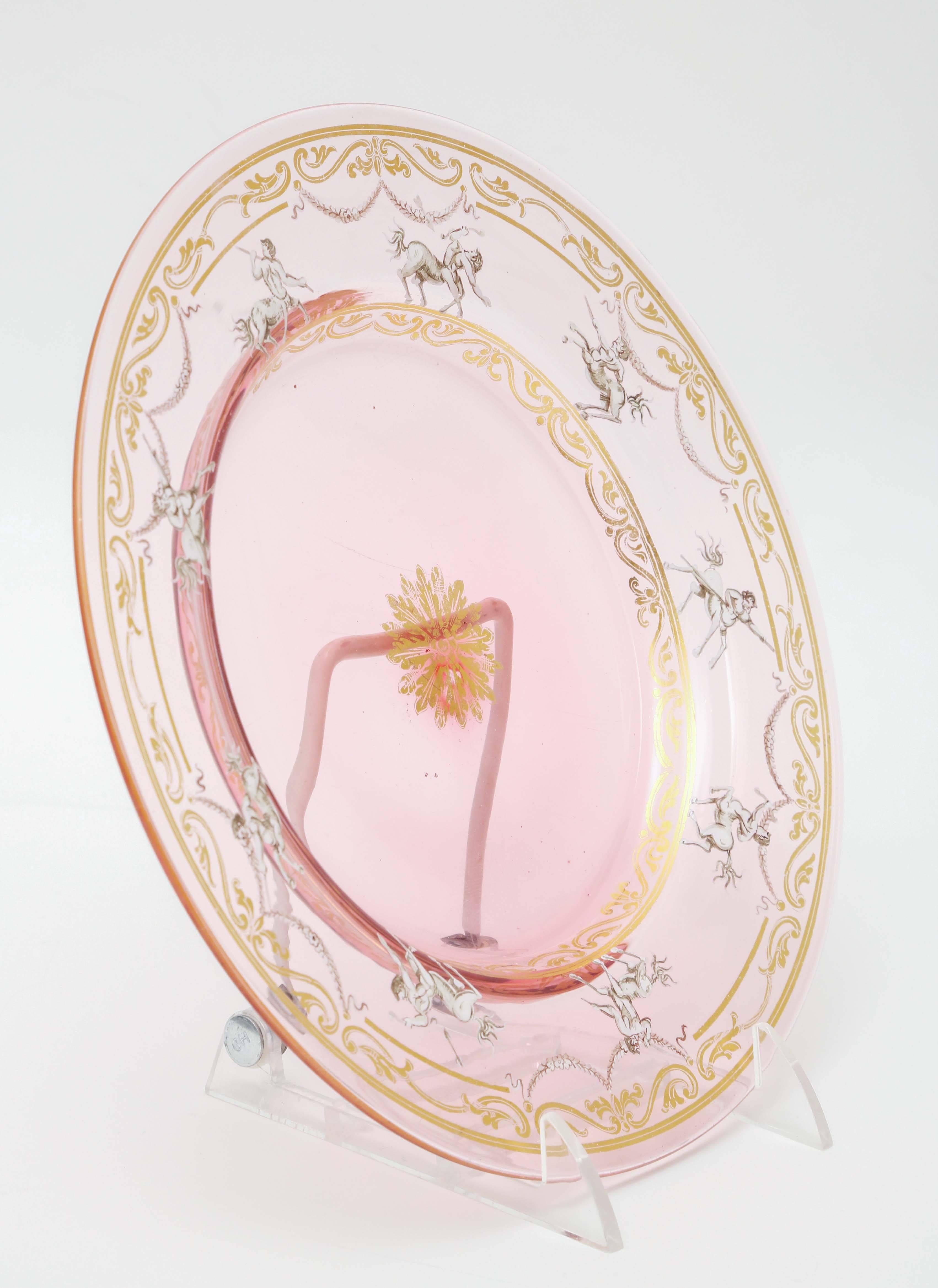 Early 20th Century 12 Venetian Antique Plates, Pretty Pink and Gilt with Hand Enamel Decoration