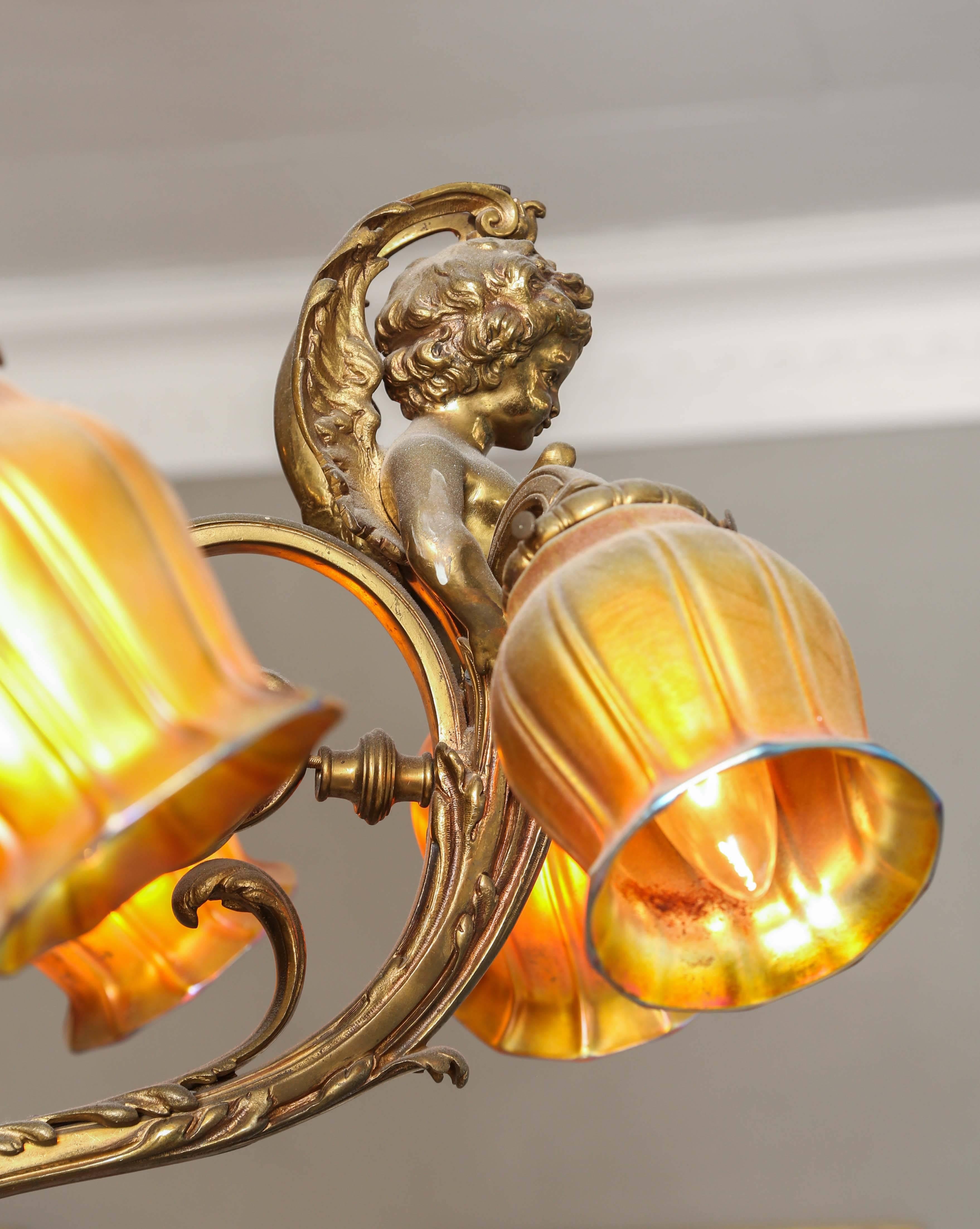 Belle Époque Impressive Gilt Bronze Chandelier, C 1880,  Detailed Figurals W Art Glass Shades