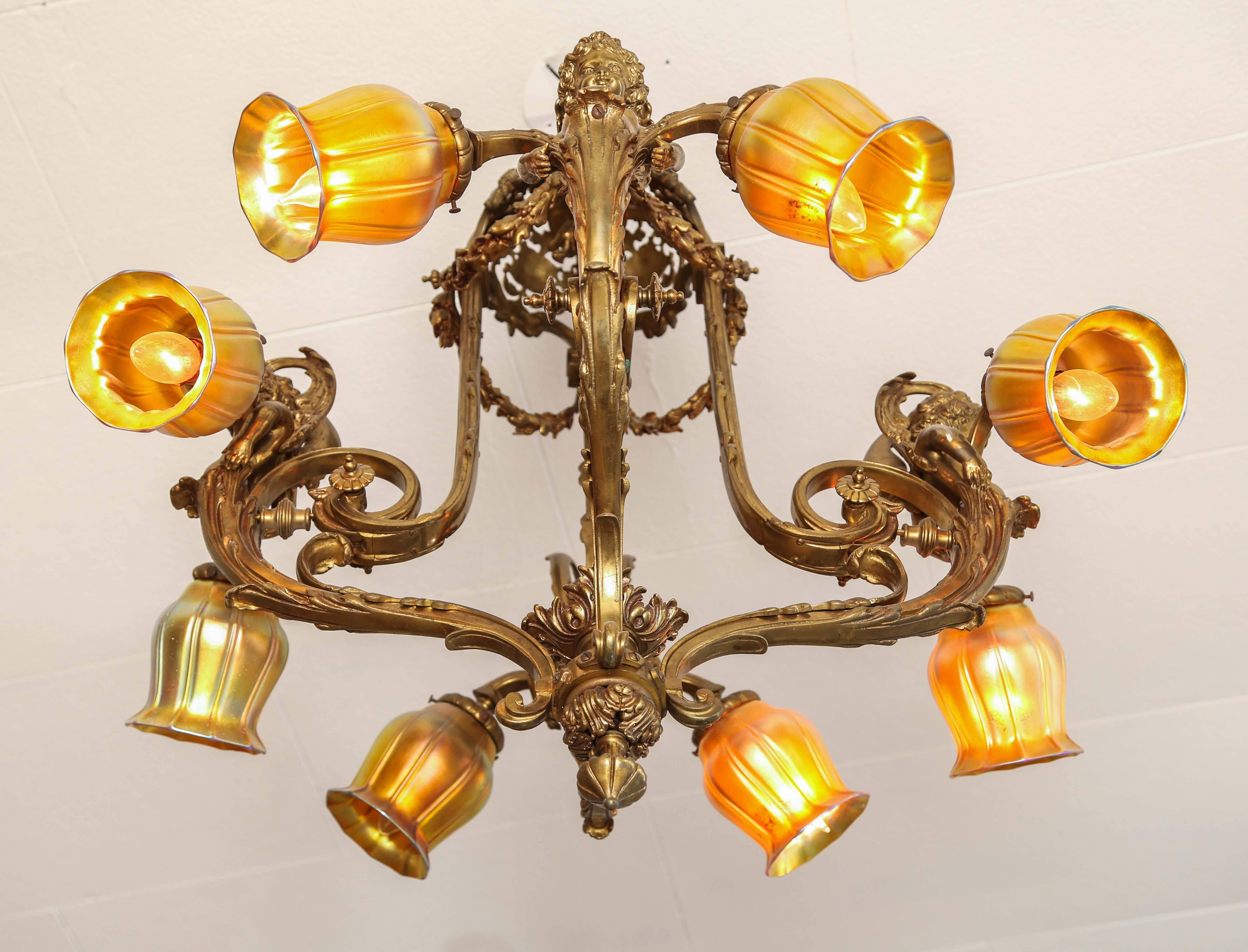 French Impressive Gilt Bronze Chandelier, C 1880,  Detailed Figurals W Art Glass Shades