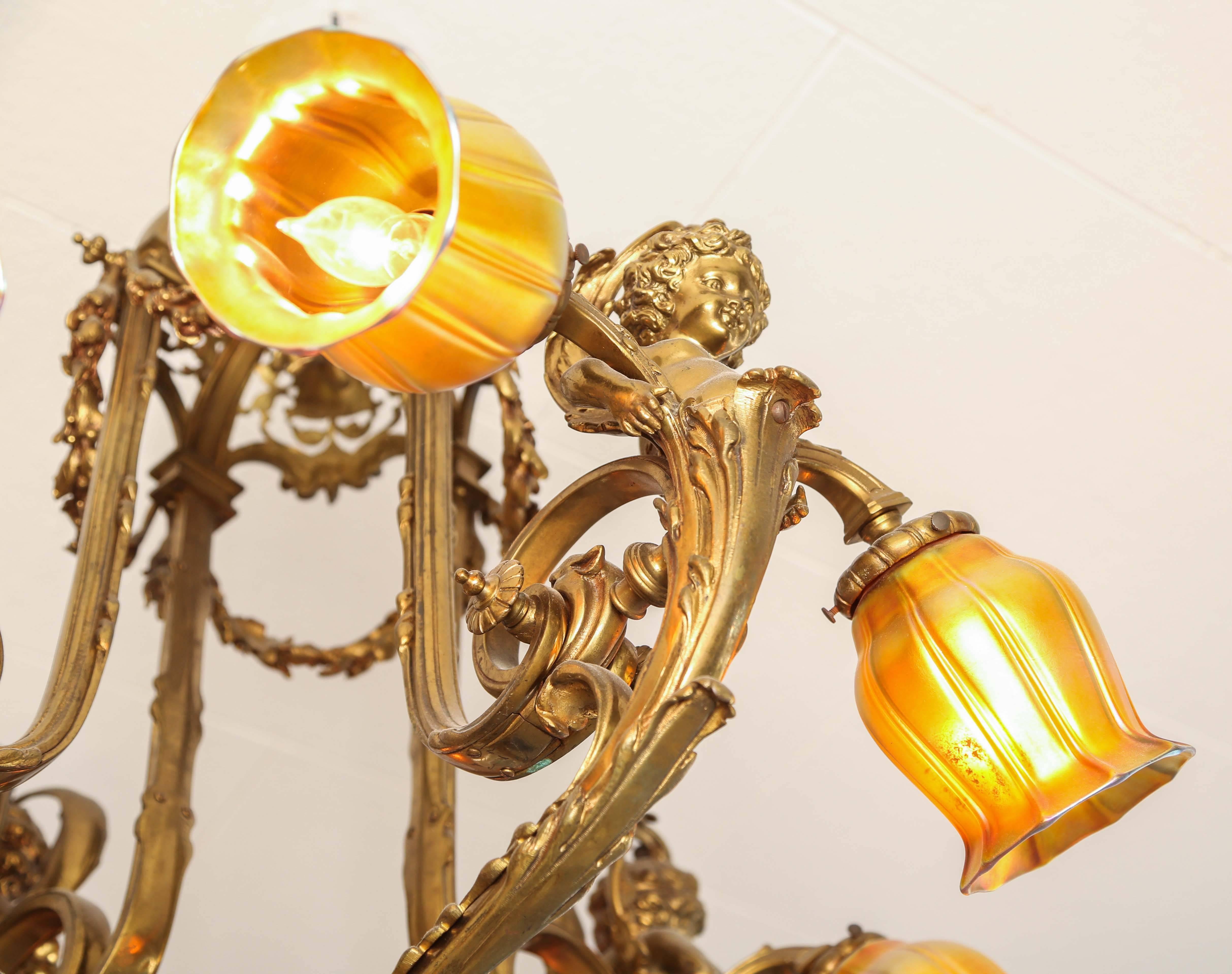 Hand-Crafted Impressive Gilt Bronze Chandelier, C 1880,  Detailed Figurals W Art Glass Shades