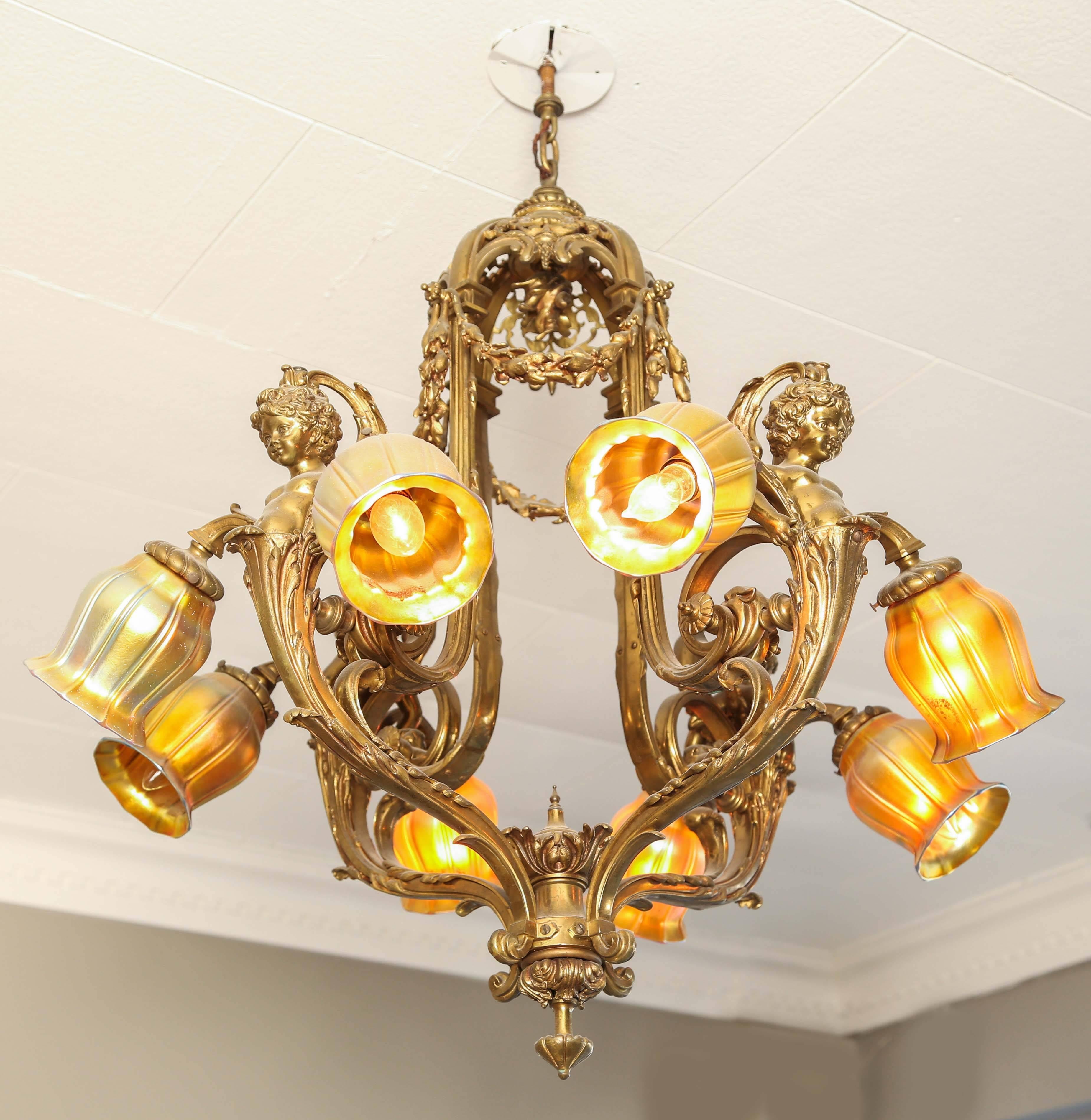 Impressive Gilt Bronze Chandelier, C 1880,  Detailed Figurals W Art Glass Shades In Good Condition In West Palm Beach, FL