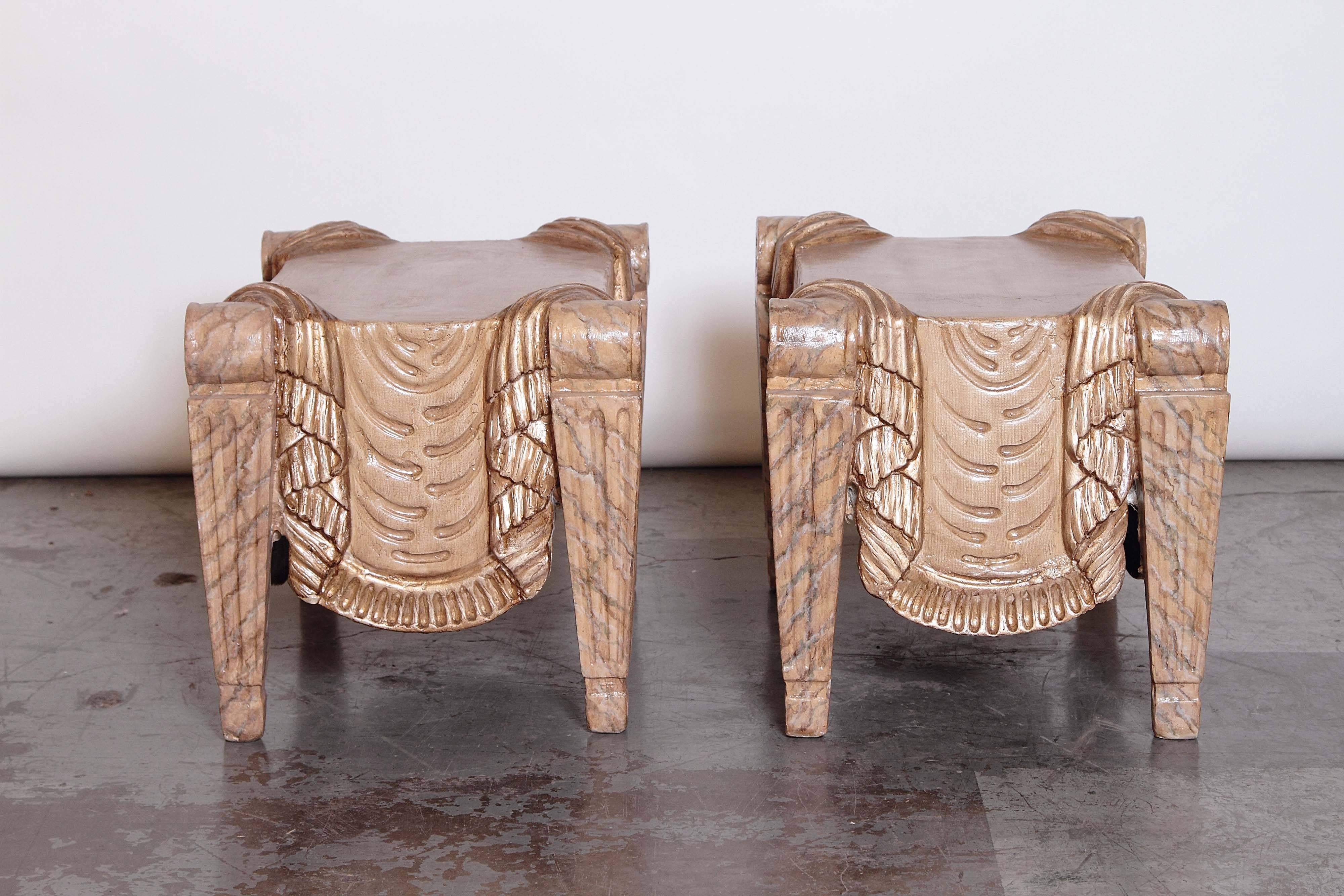 Pair of Carved Beech Wood Stools 1