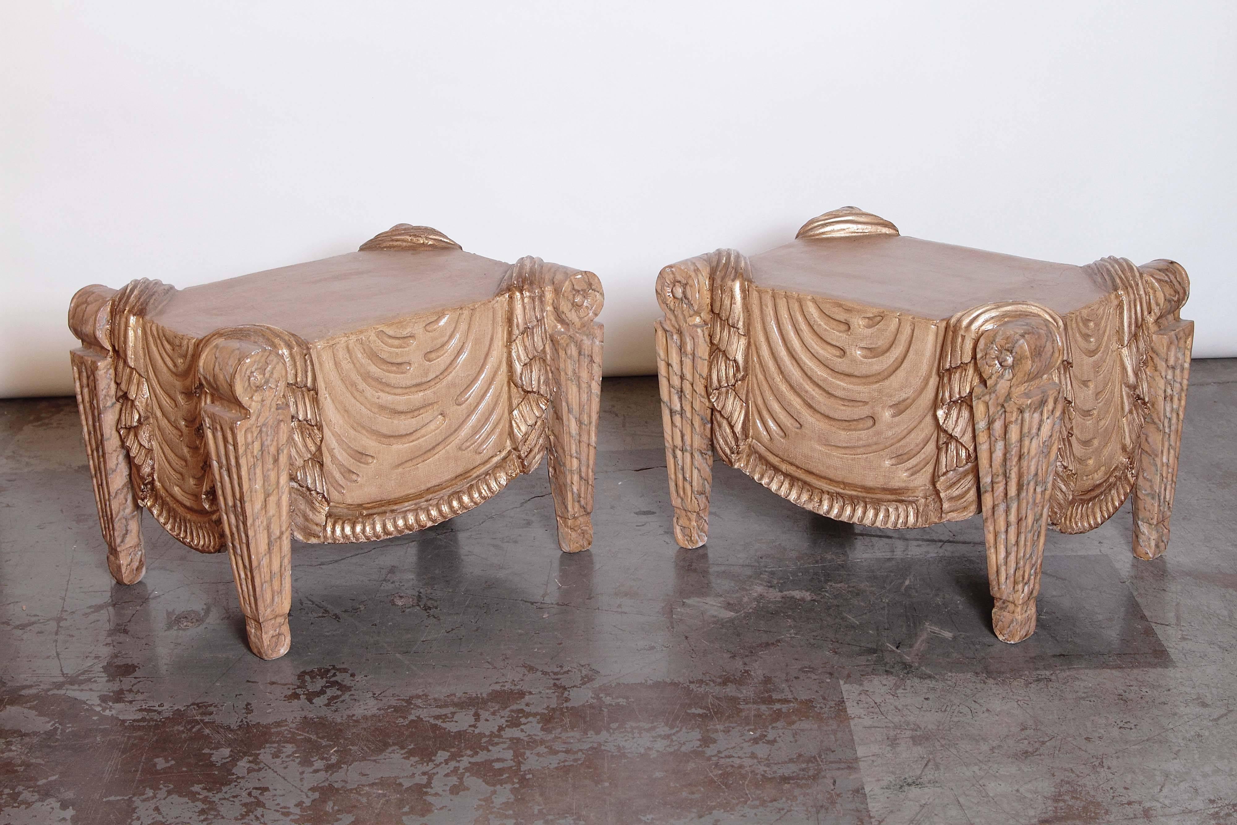 Pair of Carved Beech Wood Stools 3