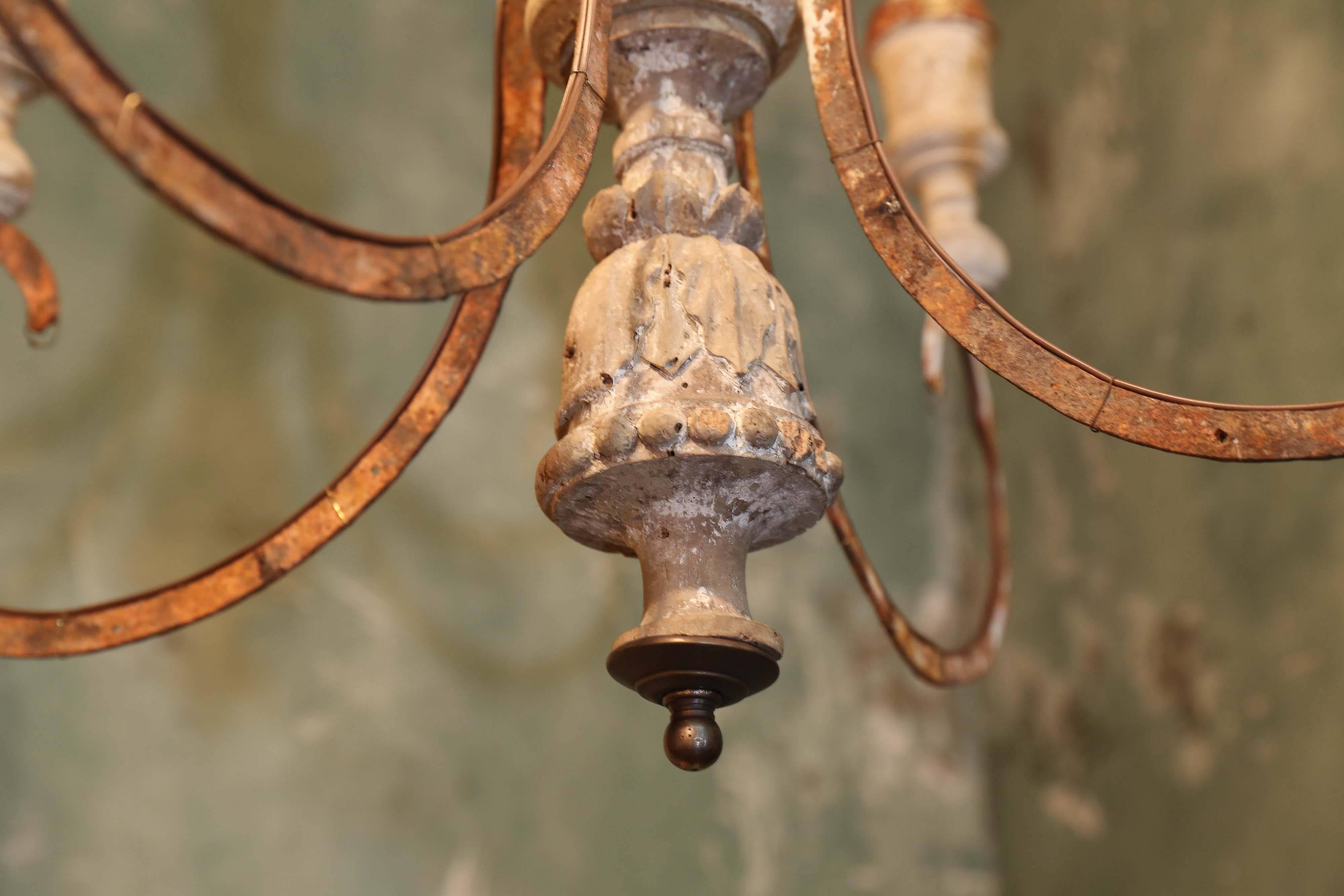 Hand-Carved Iron and Wood Chandelier