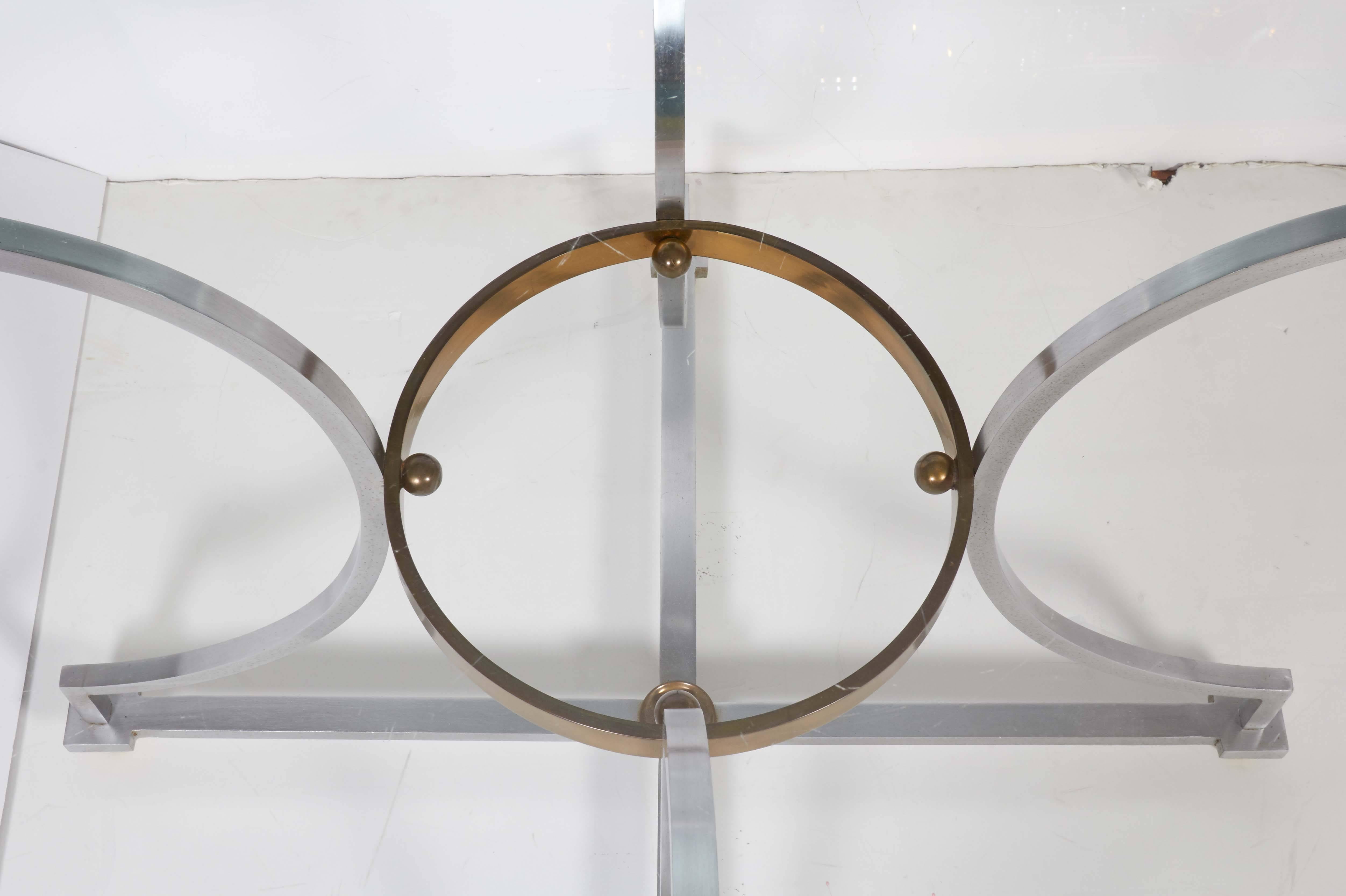 20th Century Maison Jansen Style Round Glass Top Table on Brushed Steel and Brass Base