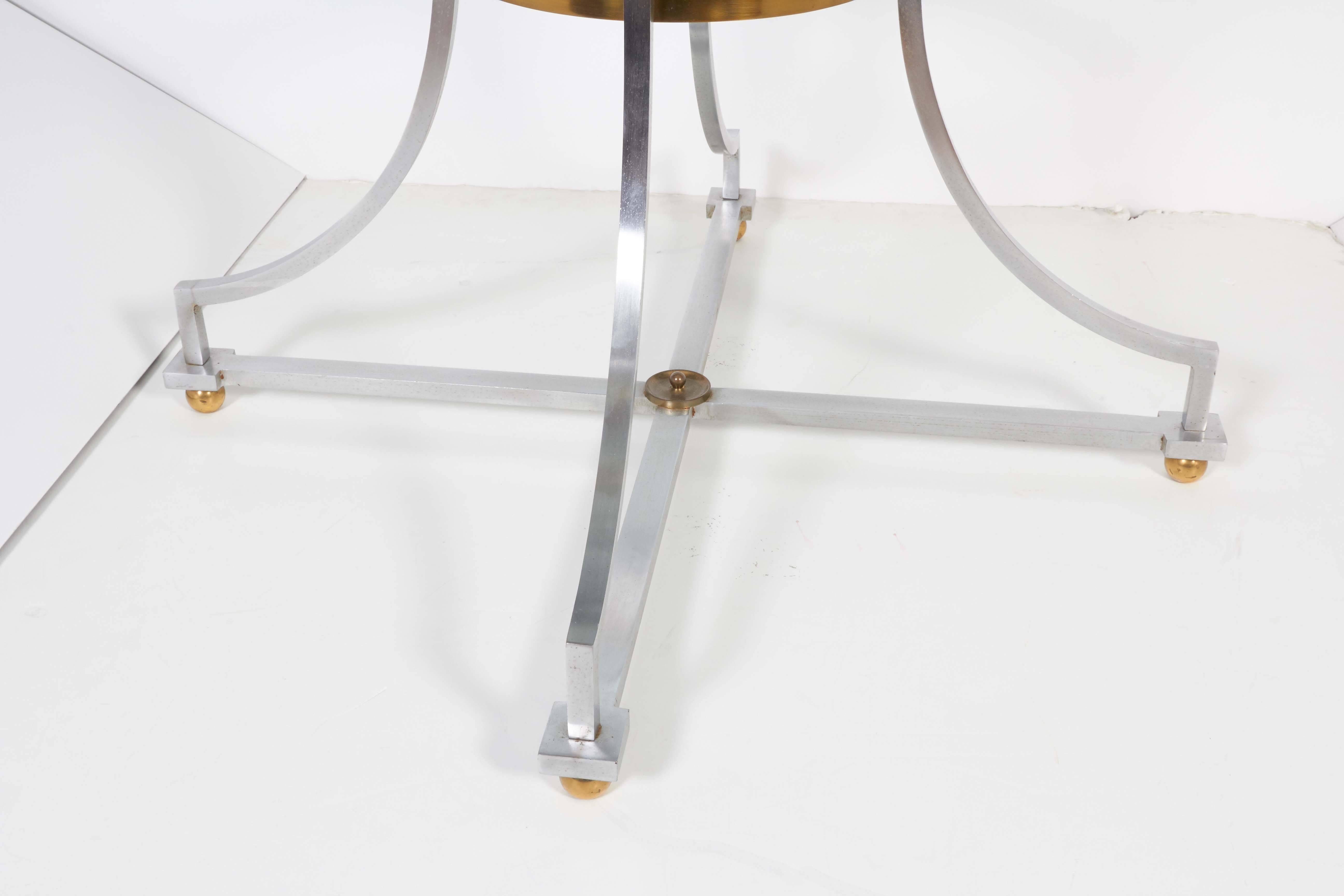 Maison Jansen Style Round Glass Top Table on Brushed Steel and Brass Base 1
