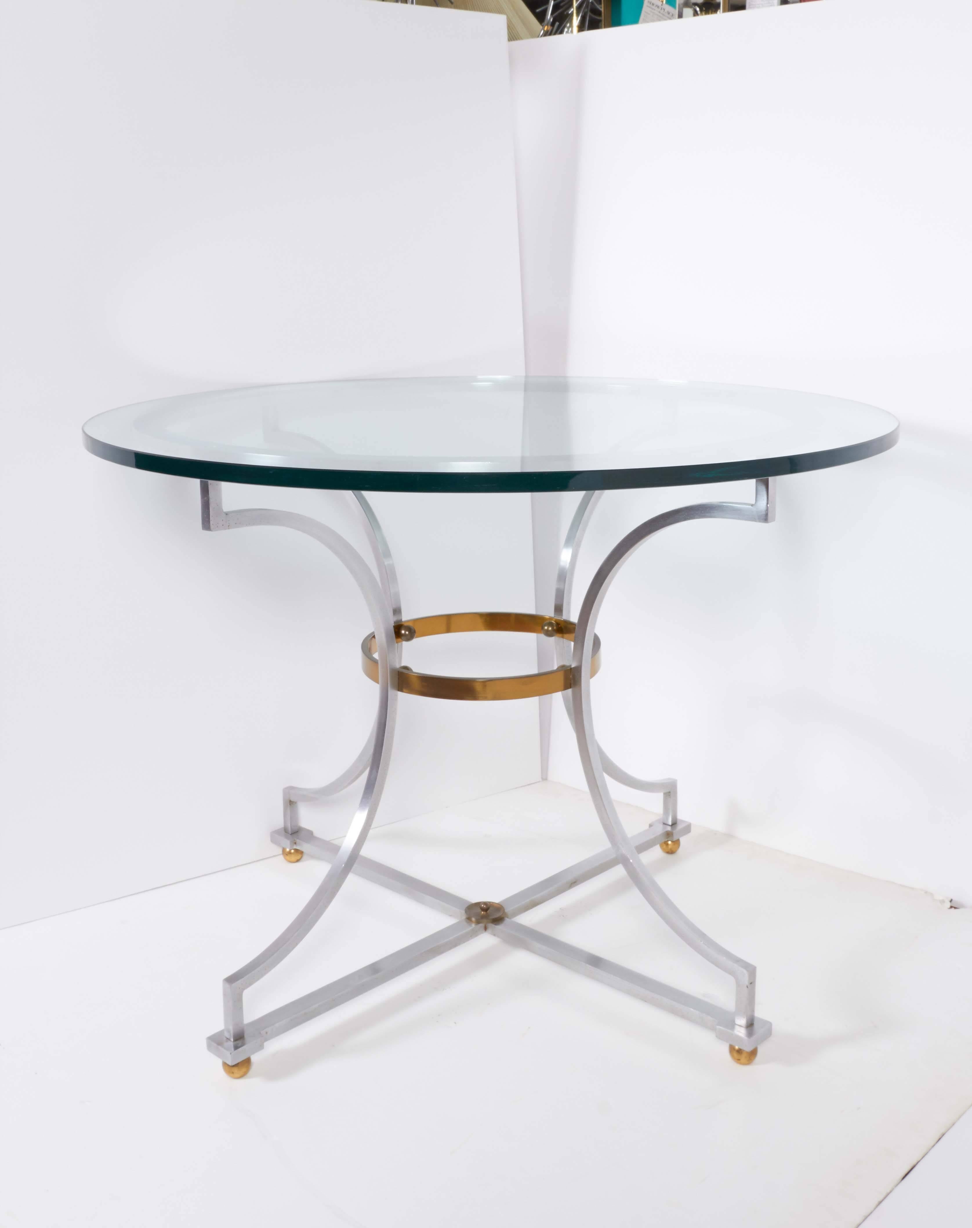 Maison Jansen Style Round Glass Top Table on Brushed Steel and Brass Base 4