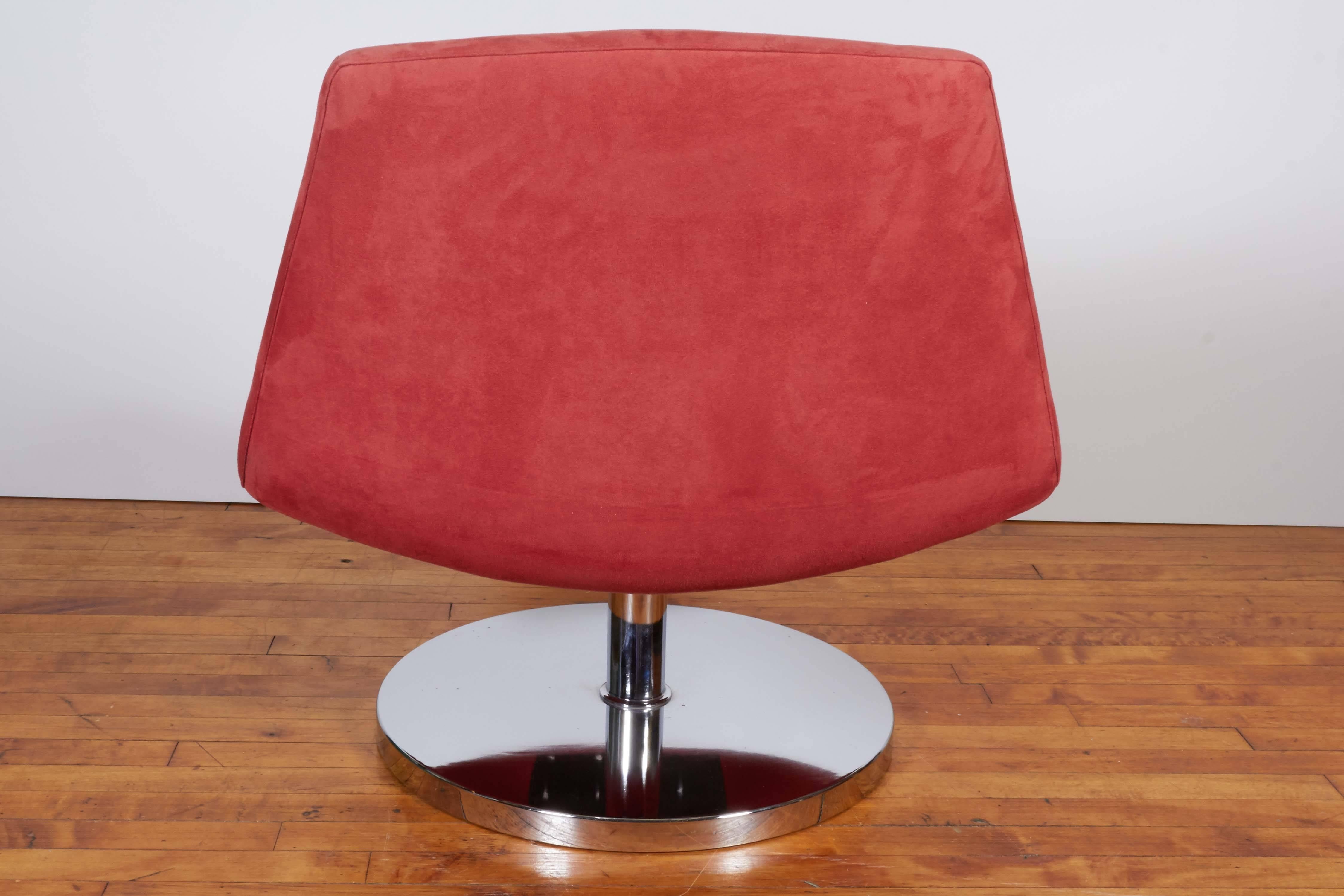 Pair of Modern Swivel Slipper Chairs in Red Suede 1