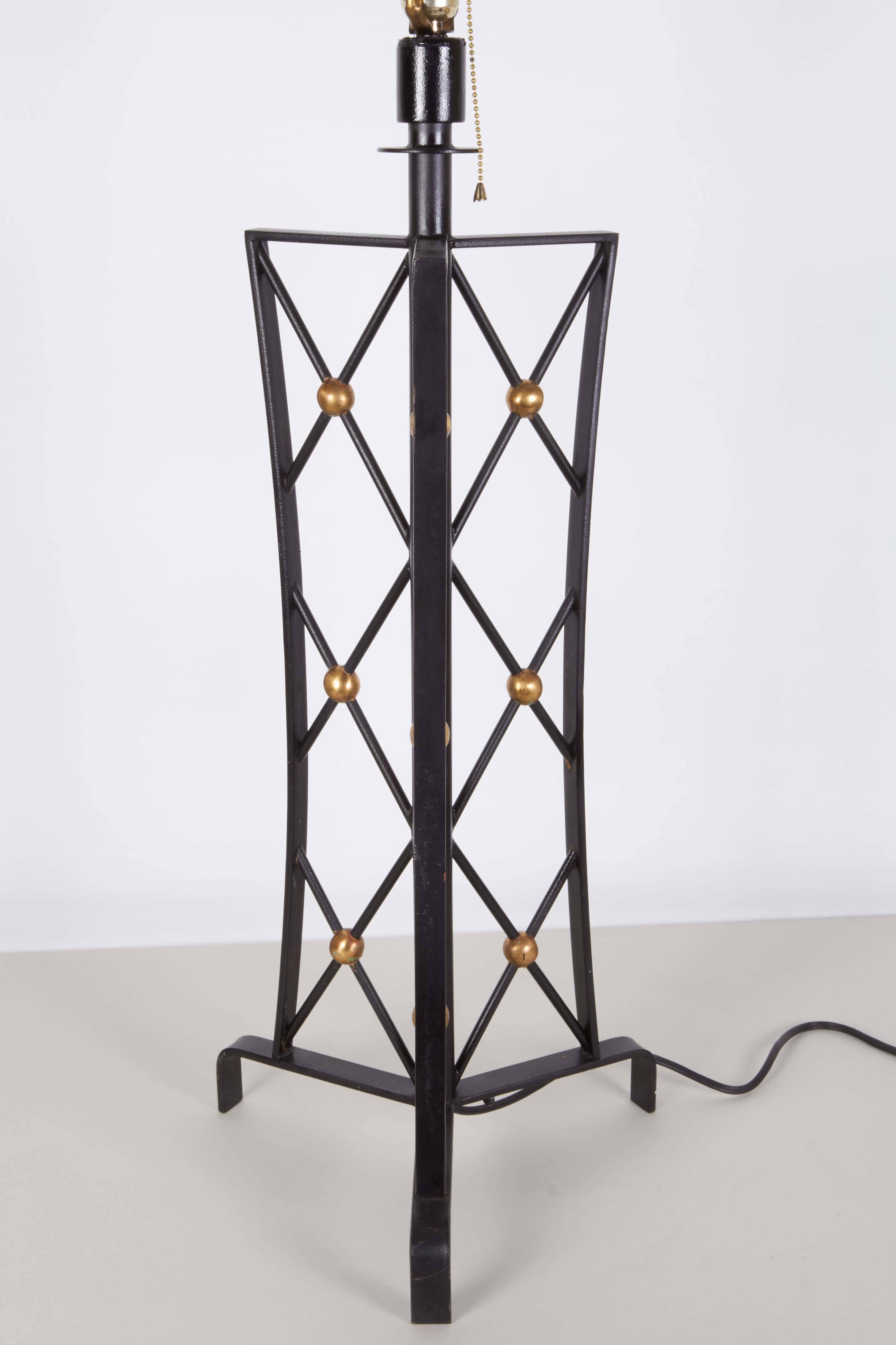 Brass Pair of Jean Royère Style 'Tour Eiffel' Wrought Iron Table Lamps
