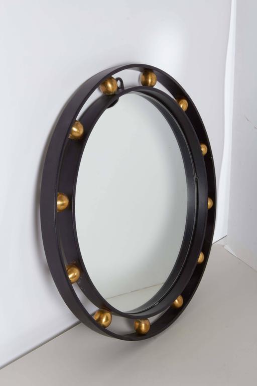 Jean Royère Style Round Wrought Iron Mirror with Brass ...