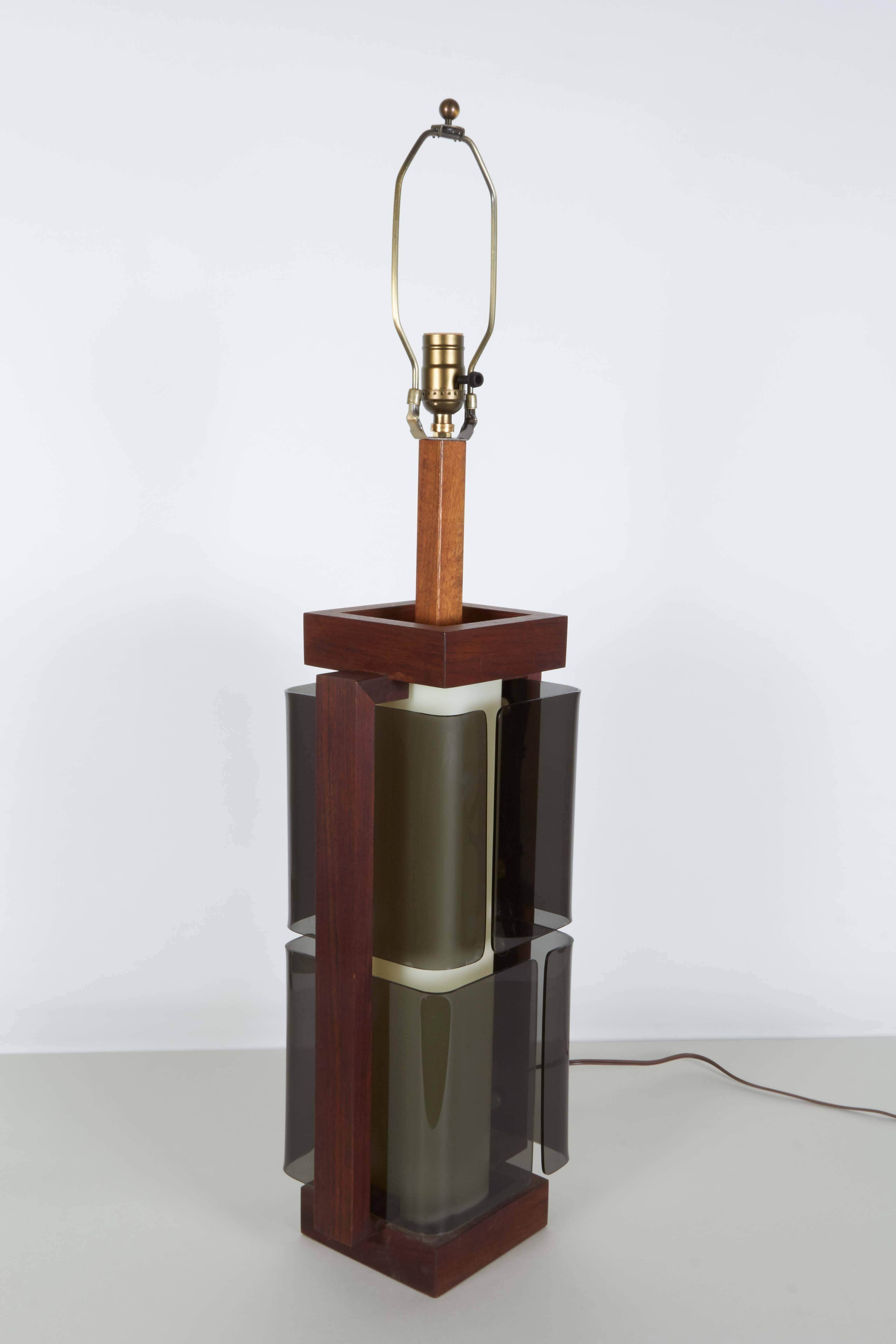 Mid-Century Modern Pair of Smoked Plexiglass Illuminated Lamps with Walnut Frames