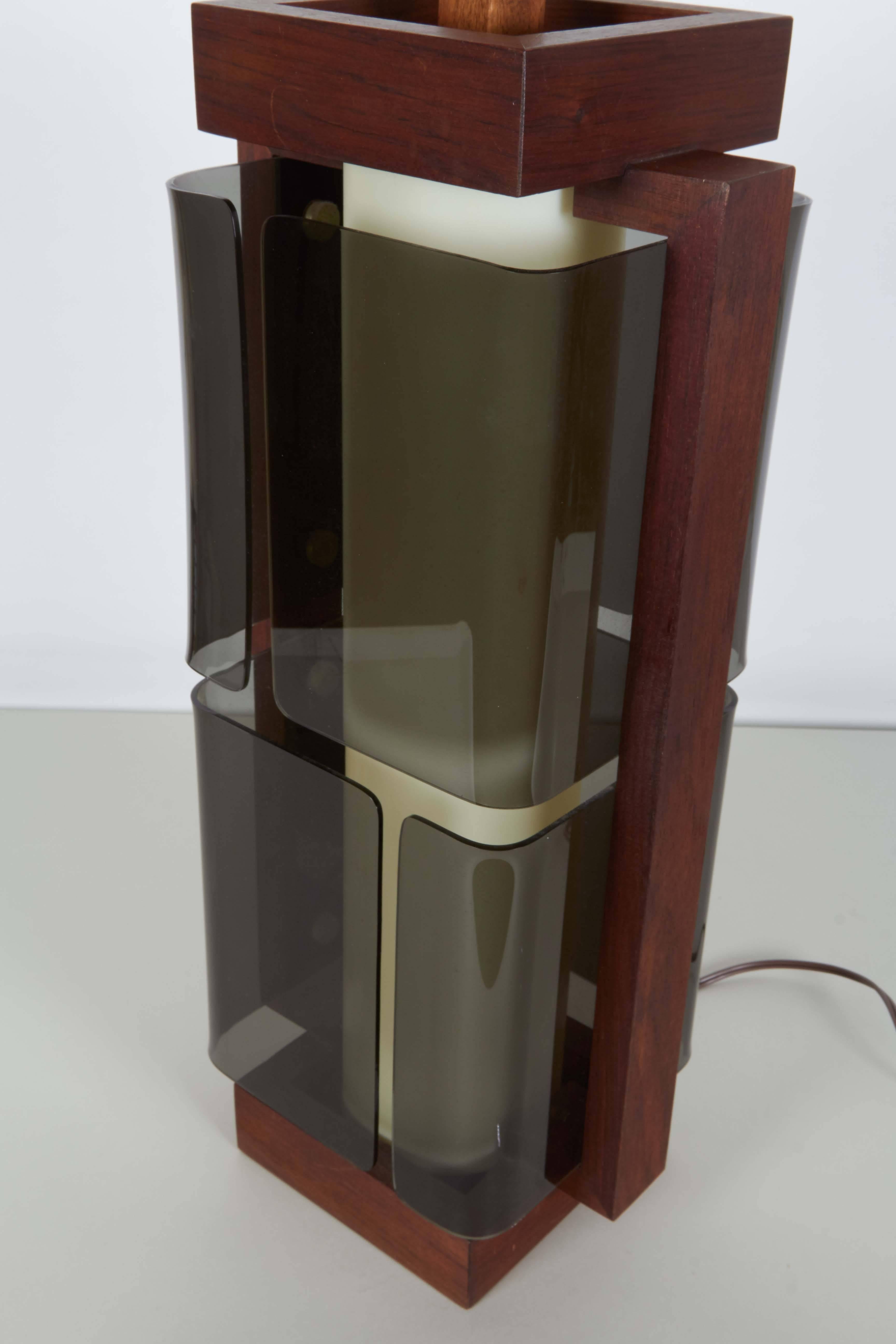 Pair of Smoked Plexiglass Illuminated Lamps with Walnut Frames 1