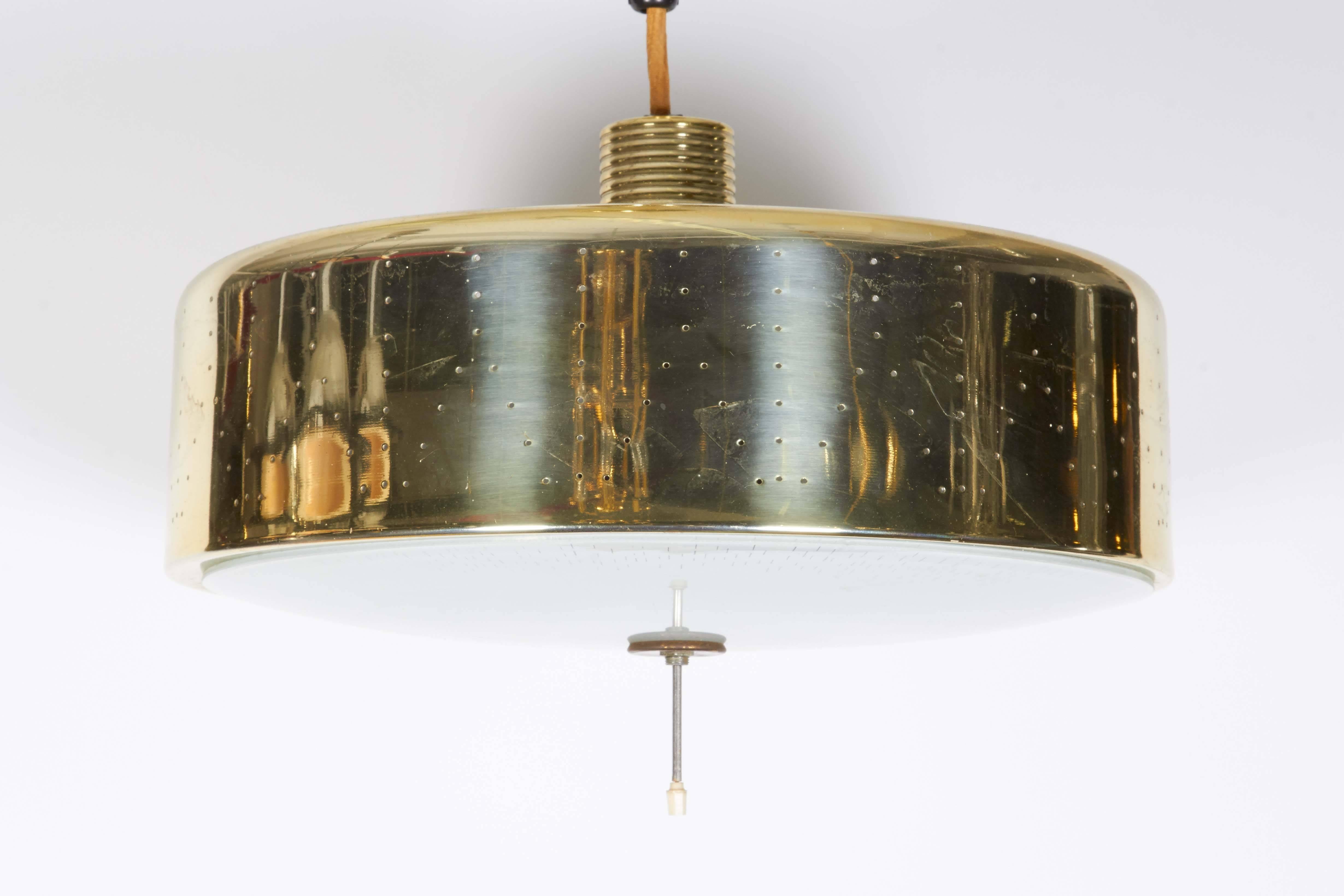 Mid-Century Modern Adjustable Drum Pendant Light in Perforated Brass