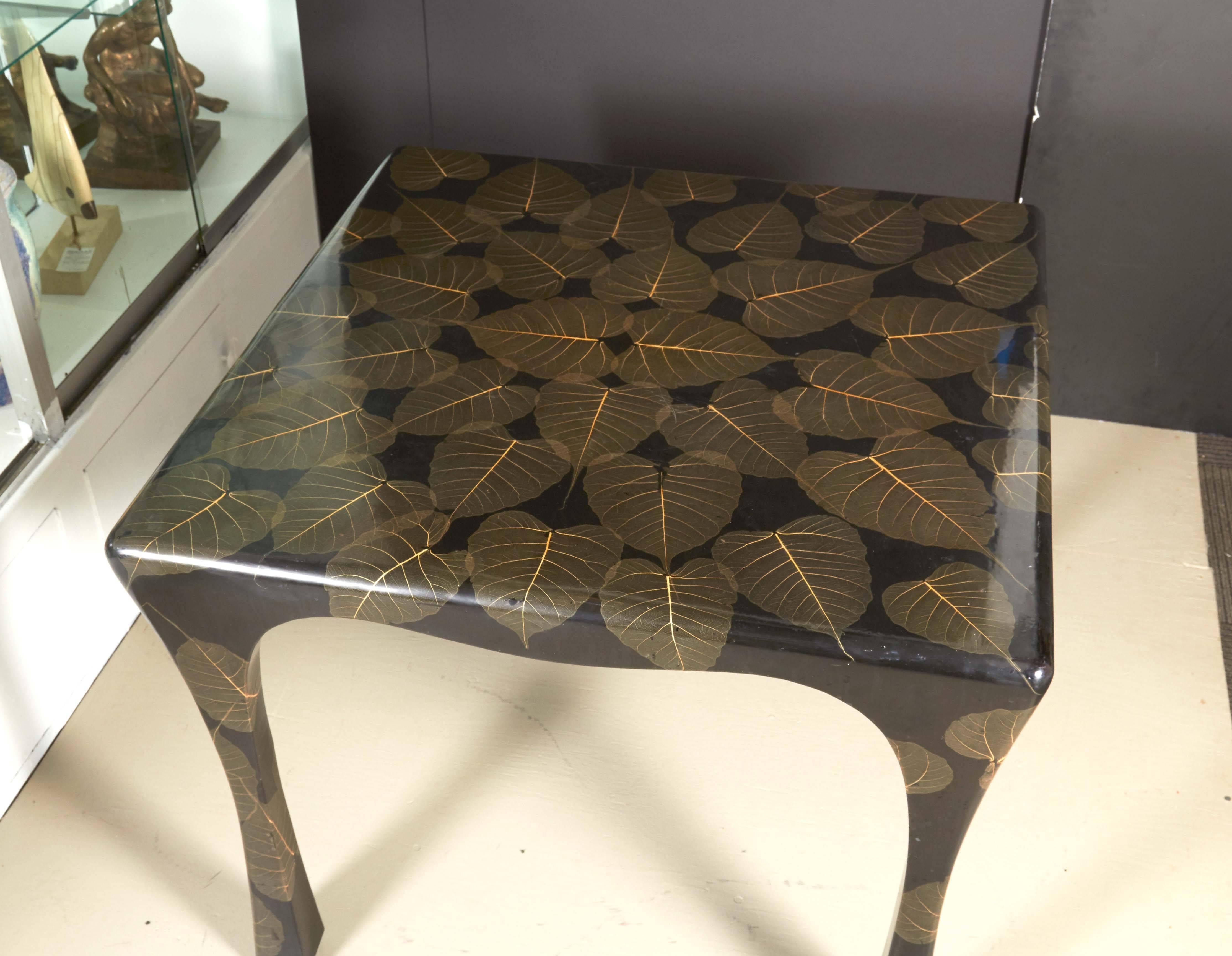 Lacquered Mid-Century Modern Asian Inspired Black Lacquer Card Table with Leaf Motif