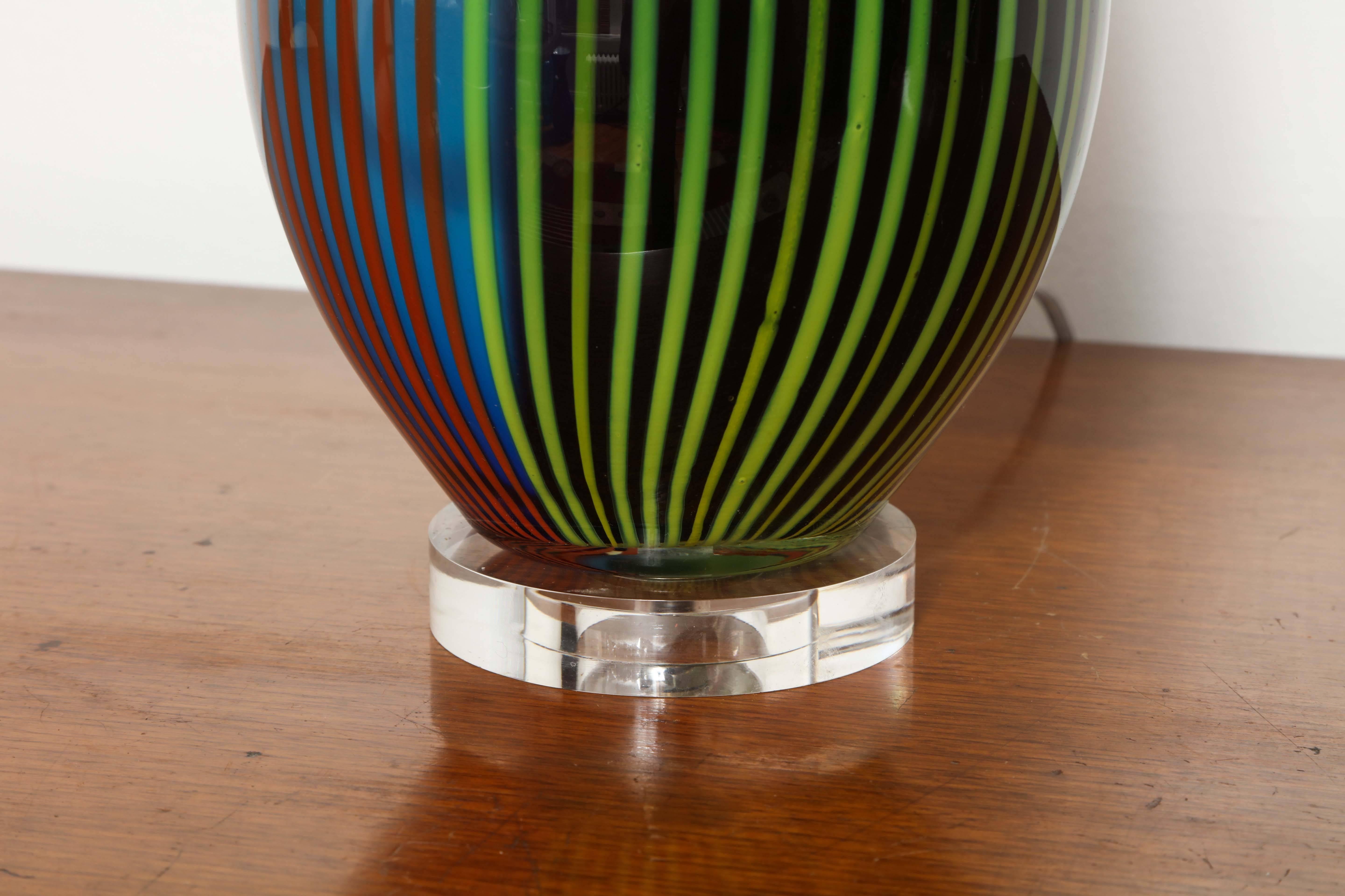 Italian Pair of Striped Murano Glass Lamps For Sale
