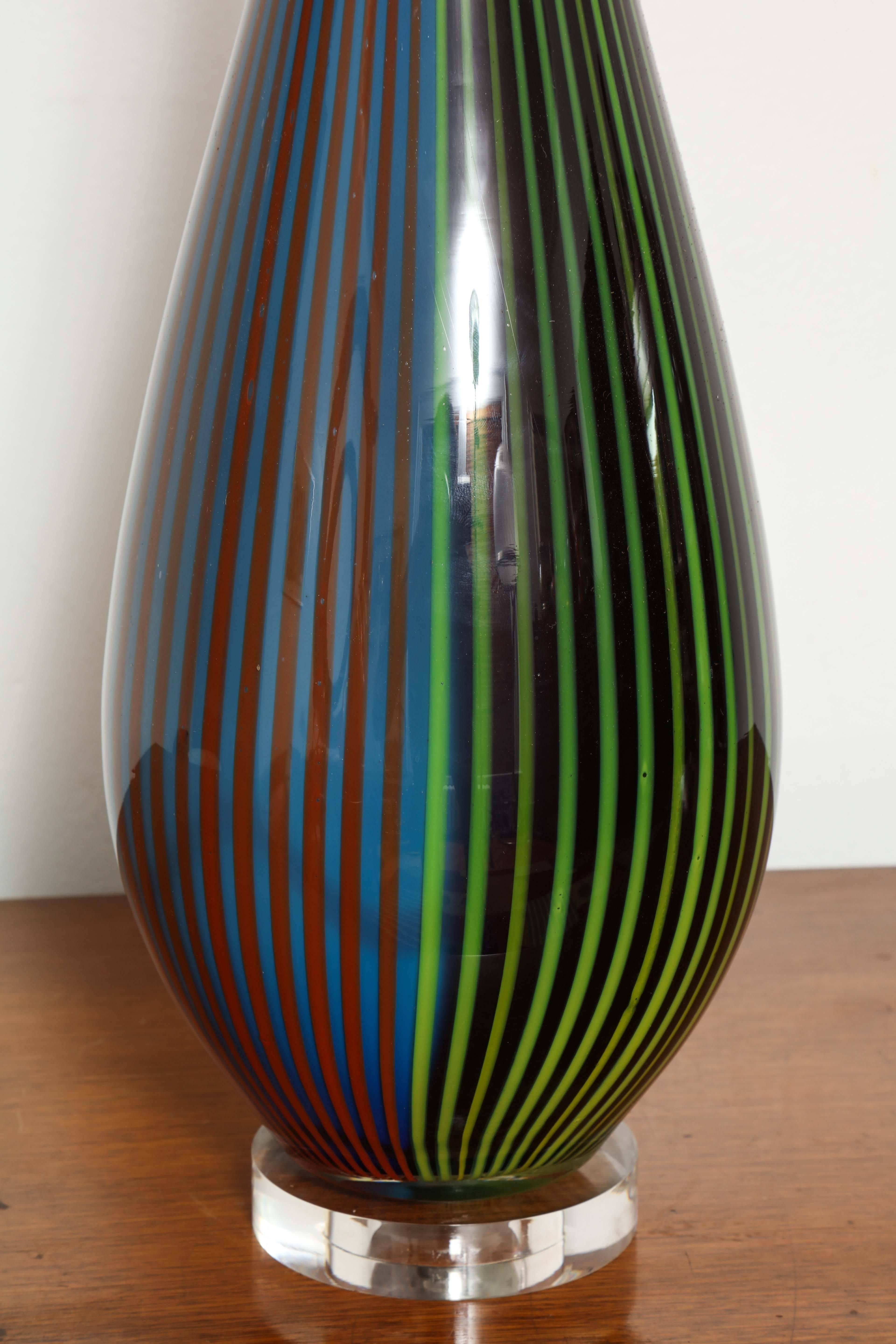 Hand-Crafted Pair of Striped Murano Glass Lamps For Sale