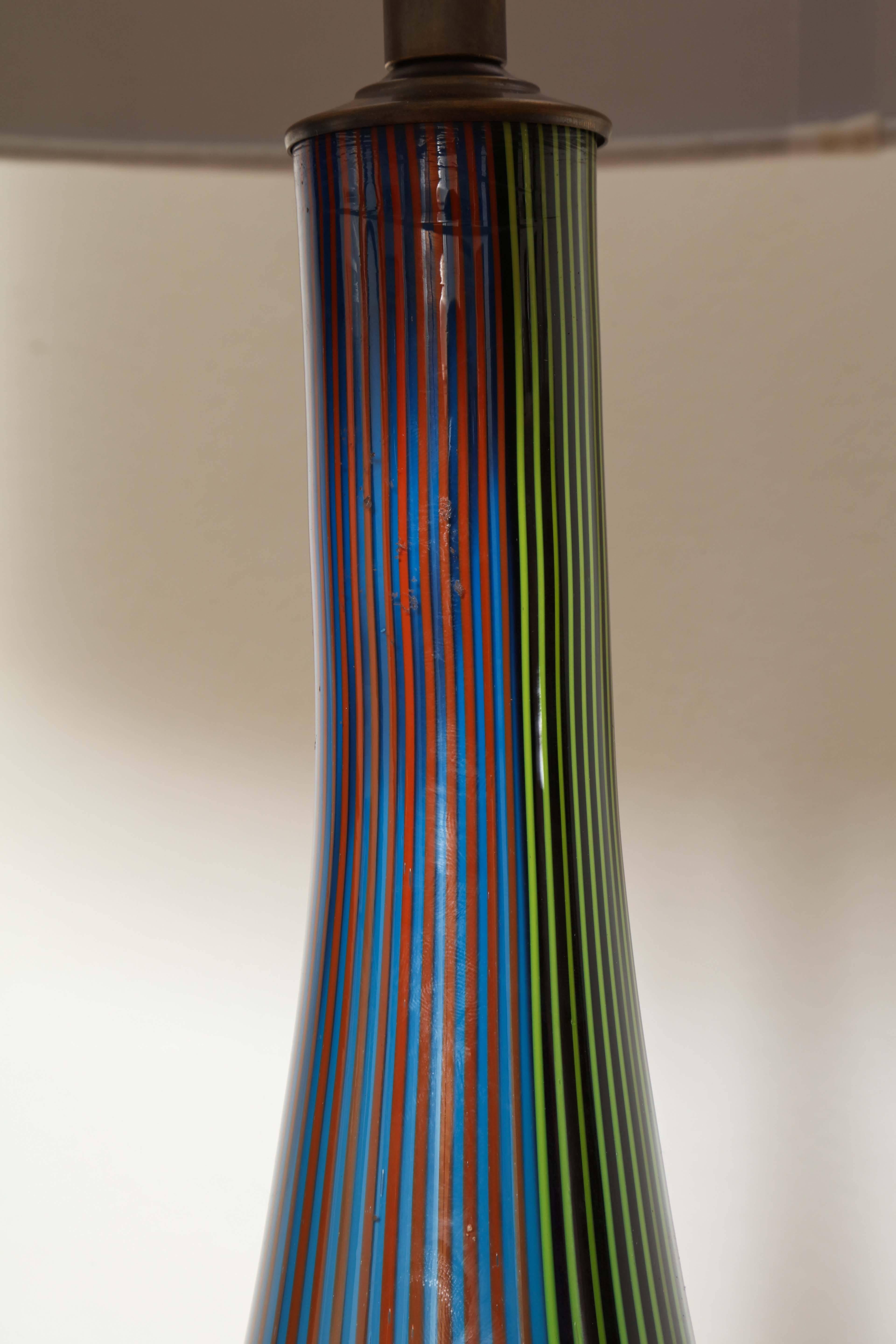 Mid-20th Century Pair of Striped Murano Glass Lamps For Sale