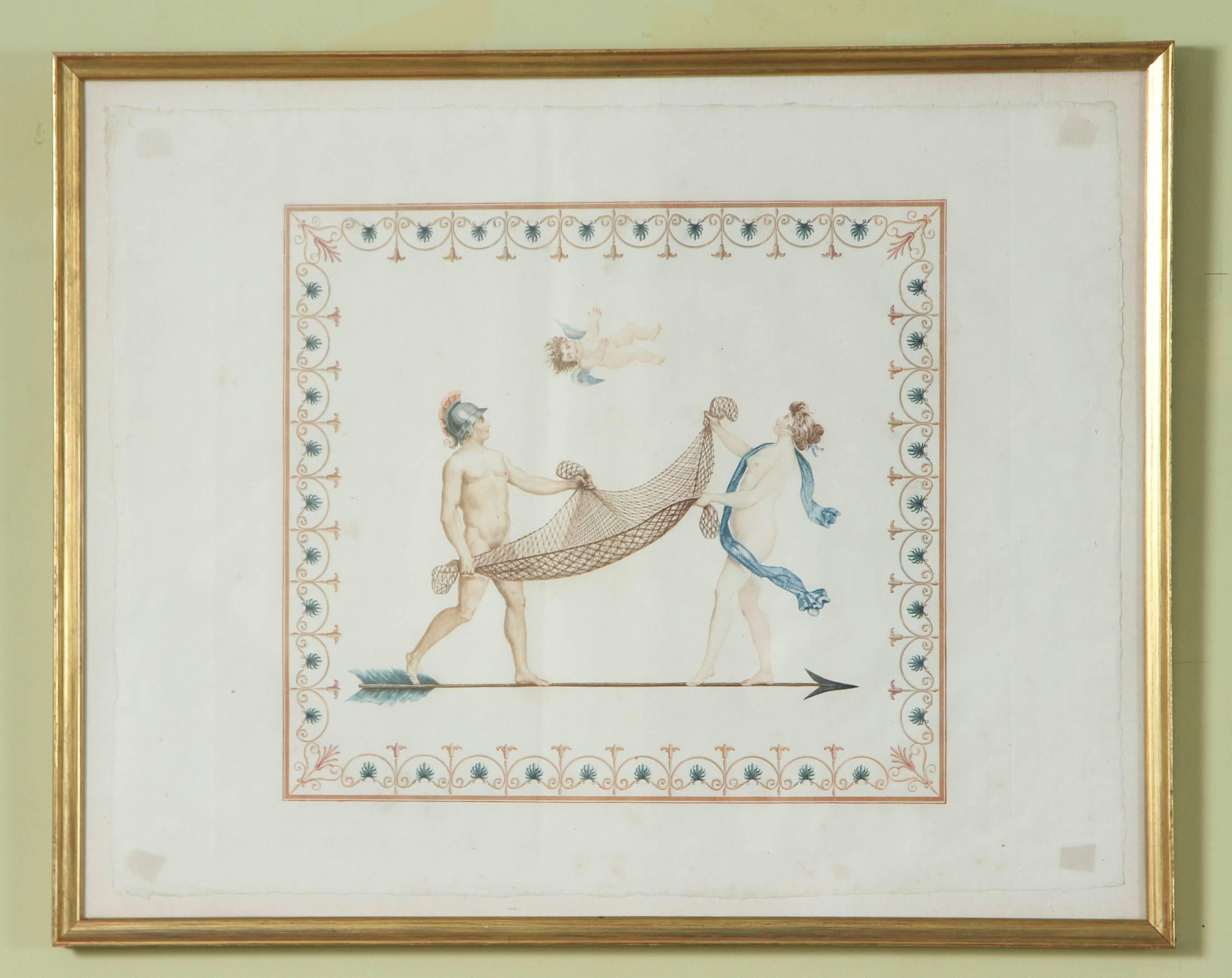 A set of six French color-printed neoclassical engravings, circa 1795. The color printing process is called "a la poupee." The copper plate is applied with various colored inks by hand with cotton "dobs" (poupee in French) and